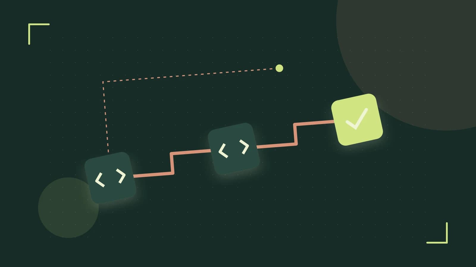 Editorial illustration of a branching build pipeline, staged transformations and a completed check