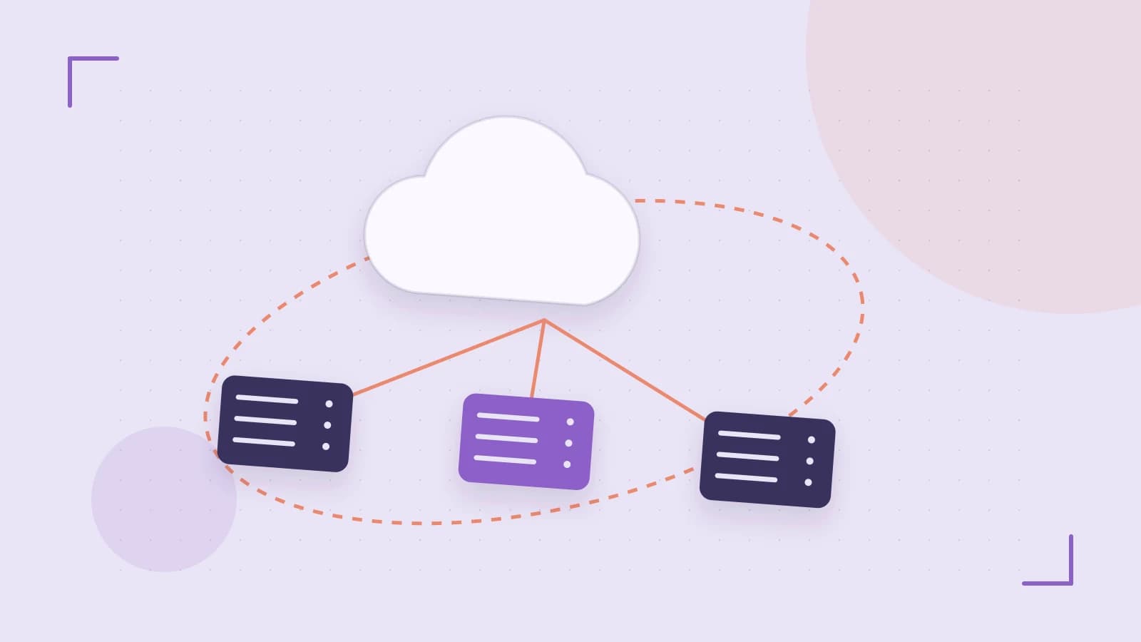 Editorial illustration of cloud infrastructure, connected server racks and an orbital service map