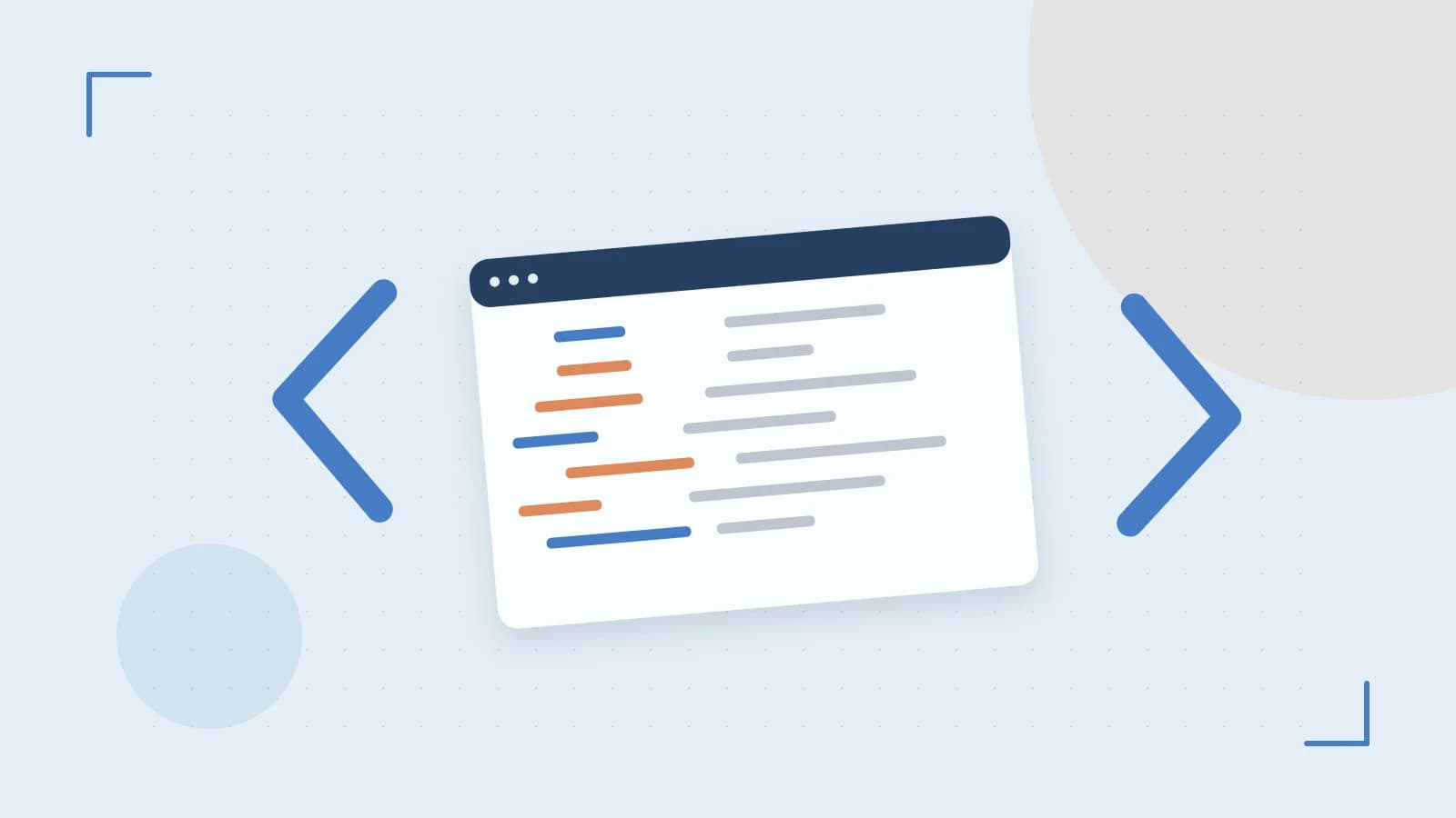 Editorial illustration of an abstract code editor, syntax blocks and oversized programming brackets