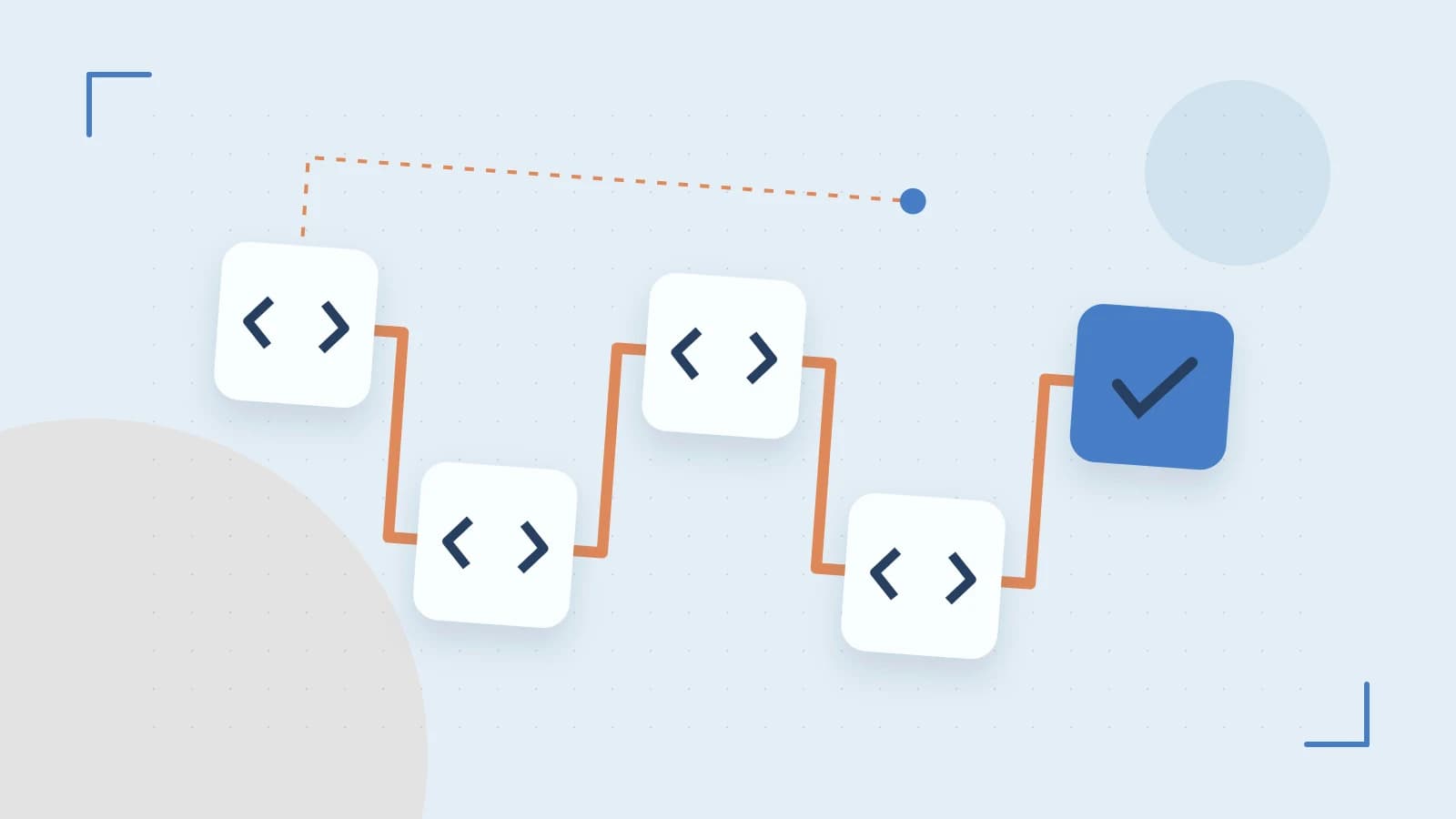 Editorial illustration of a branching build pipeline, staged transformations and a completed check