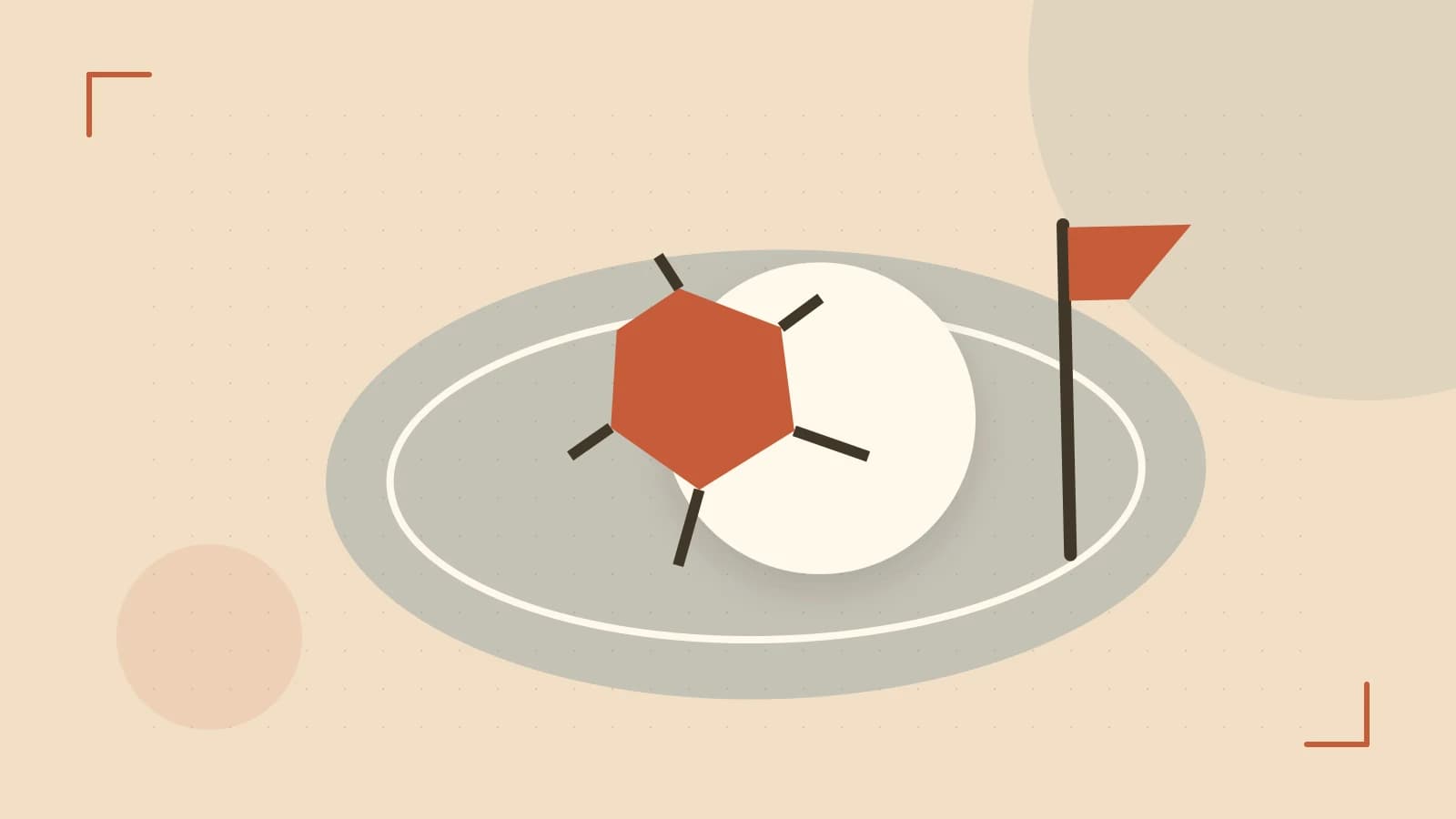 Editorial illustration of a stylized sports ball, stadium geometry and dynamic arcs