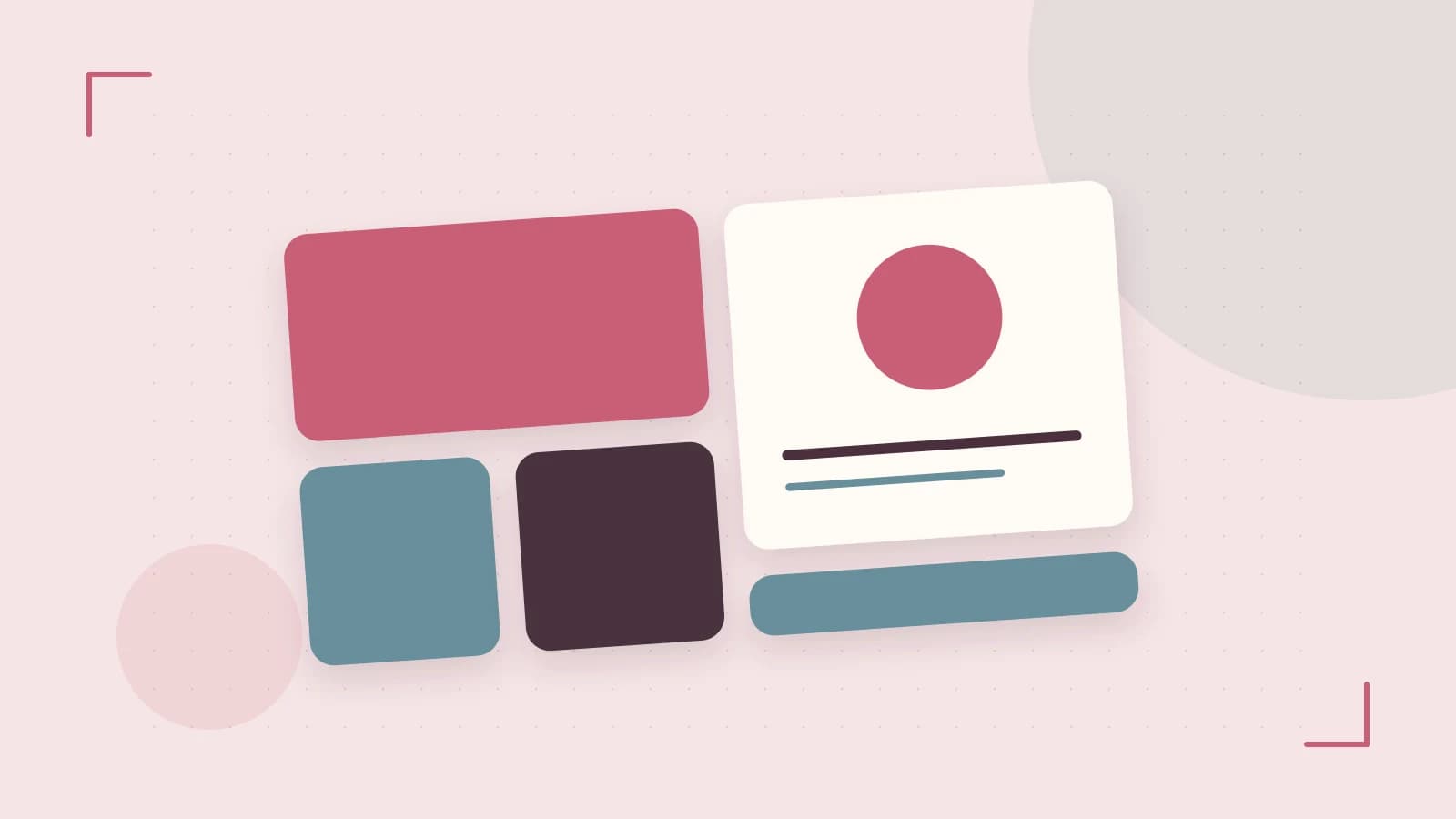 Editorial illustration of responsive browser layouts, overlapping design components and a color system
