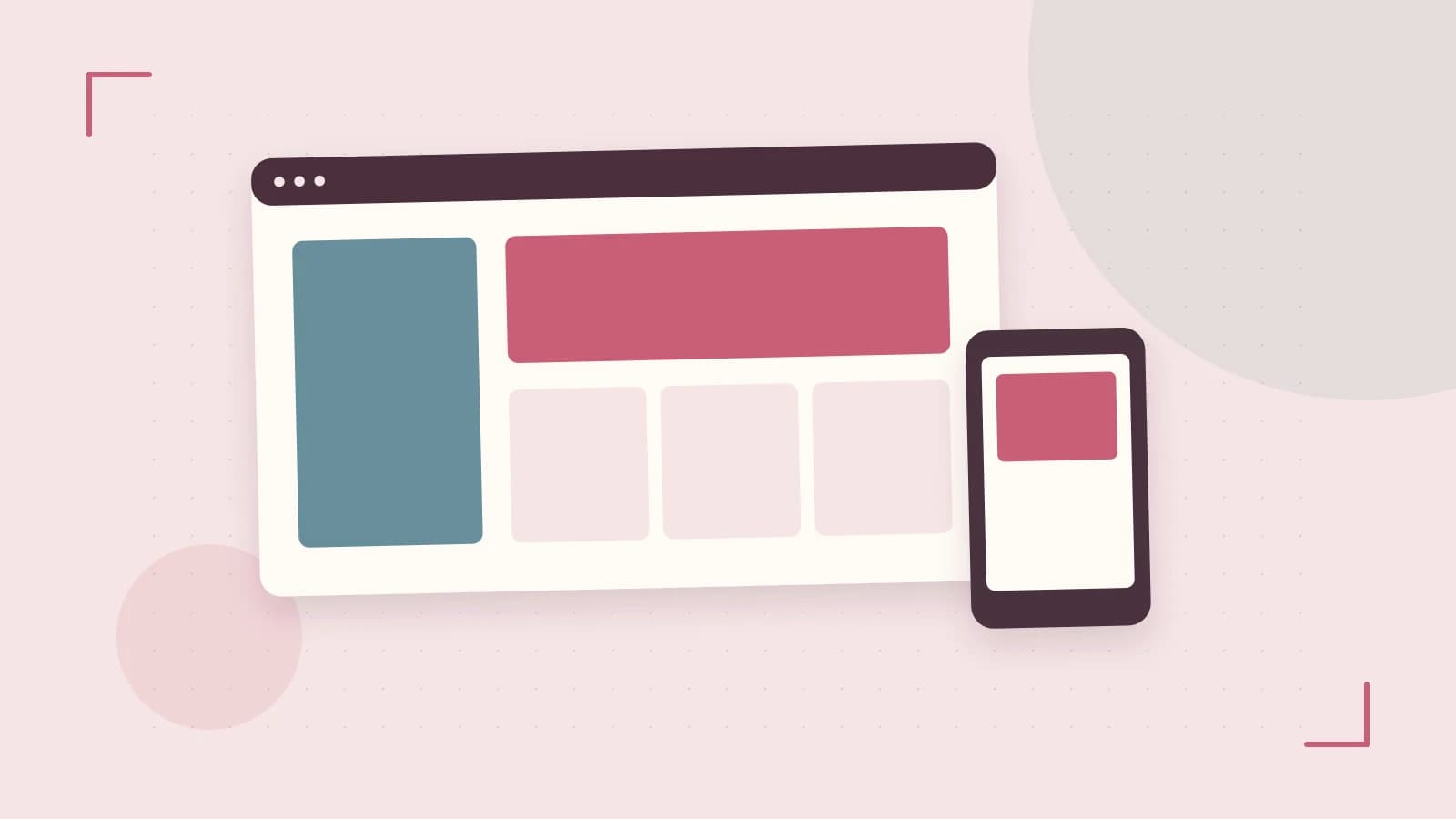 Editorial illustration of responsive browser layouts, overlapping design components and a color system