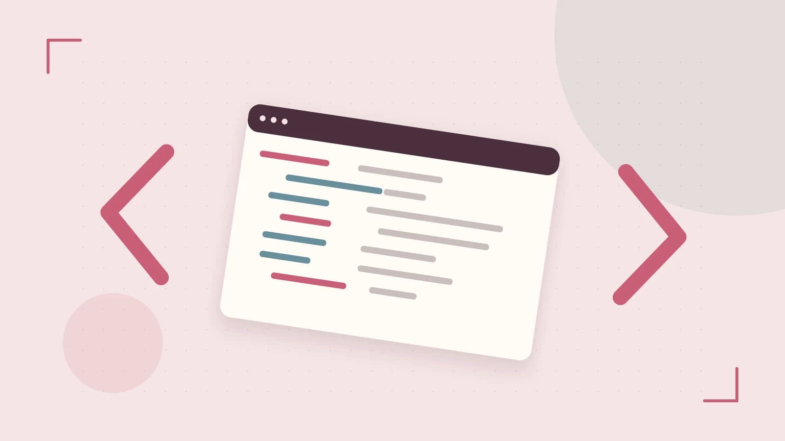 Editorial illustration of an abstract code editor, syntax blocks and oversized programming brackets