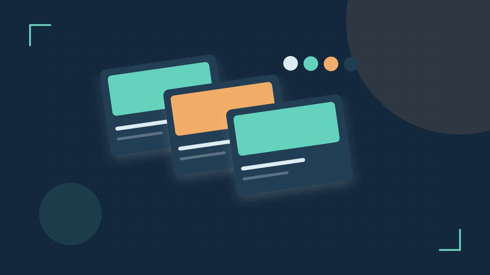 Editorial illustration of responsive browser layouts, overlapping design components and a color system