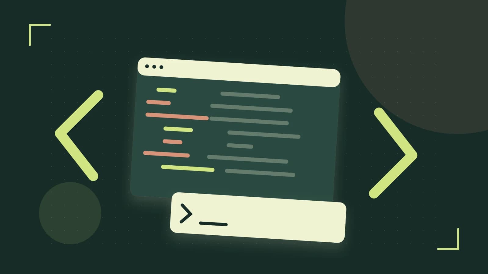 Editorial illustration of an abstract code editor, syntax blocks and oversized programming brackets