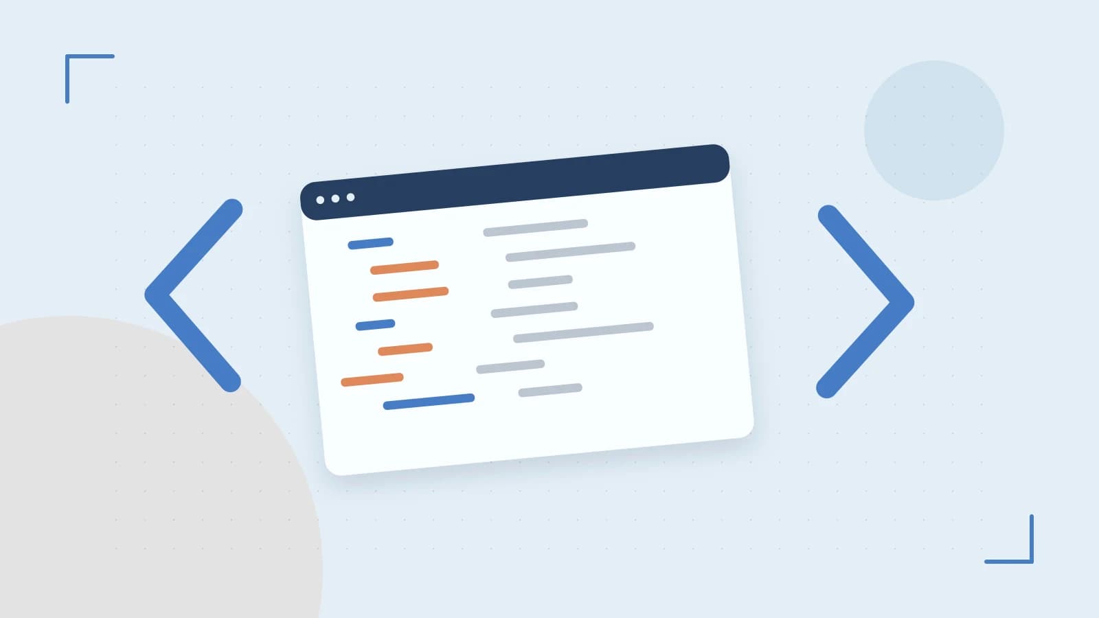 Editorial illustration of an abstract code editor, syntax blocks and oversized programming brackets