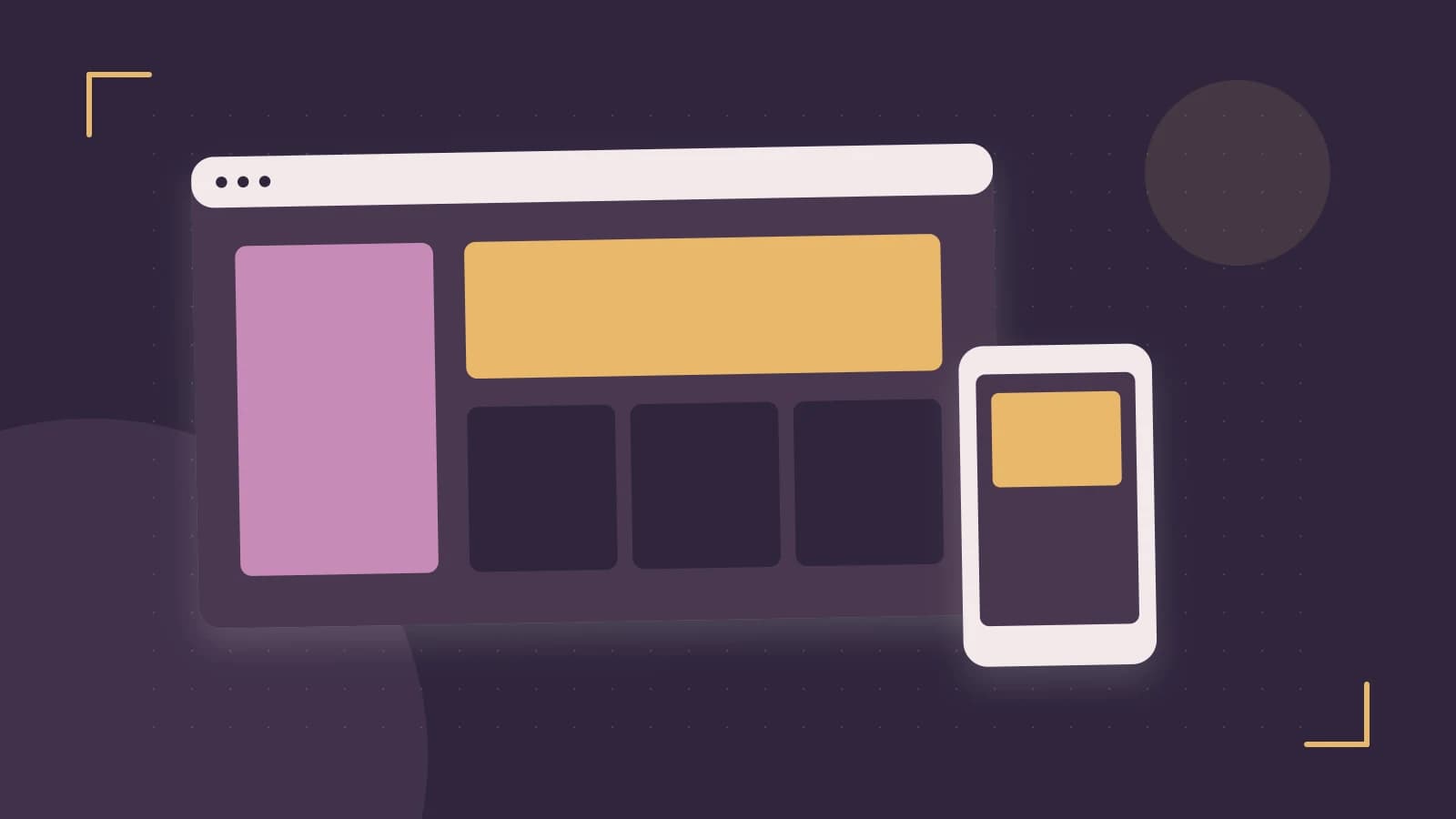 Editorial illustration of responsive browser layouts, overlapping design components and a color system