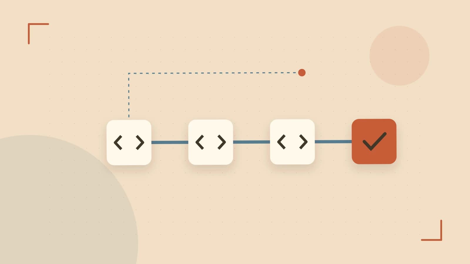 Editorial illustration of a branching build pipeline, staged transformations and a completed check
