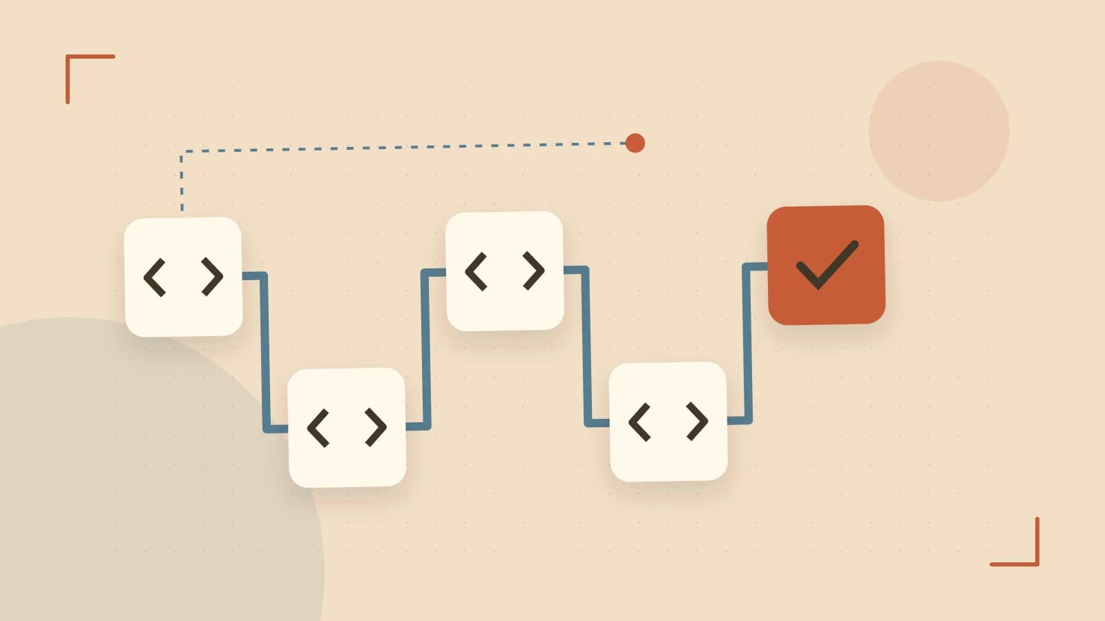 Editorial illustration of a branching build pipeline, staged transformations and a completed check