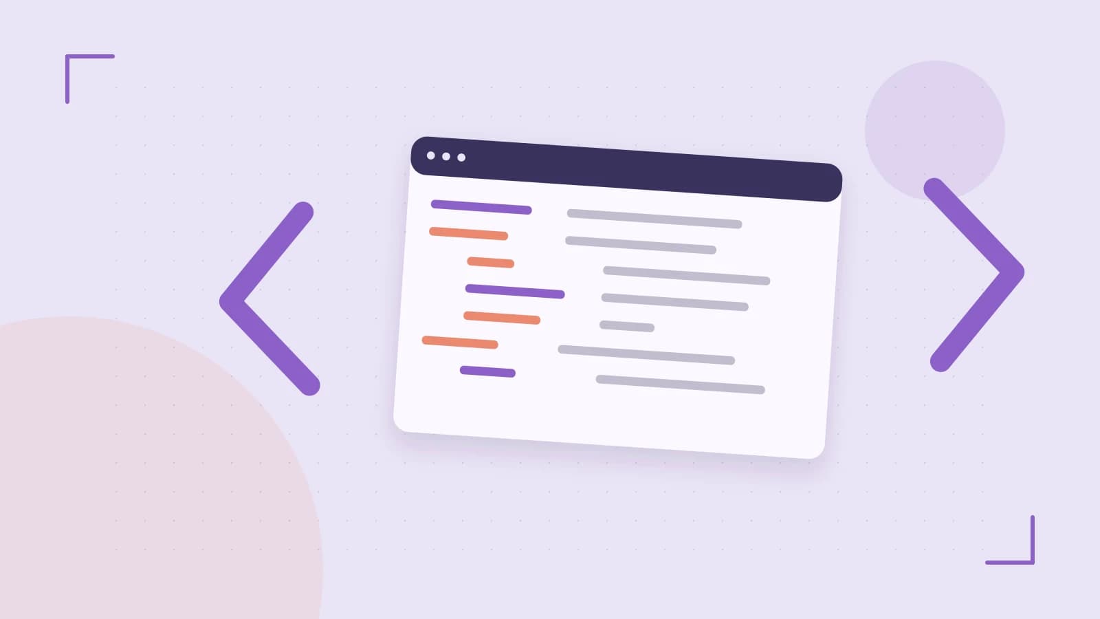 Editorial illustration of an abstract code editor, syntax blocks and oversized programming brackets