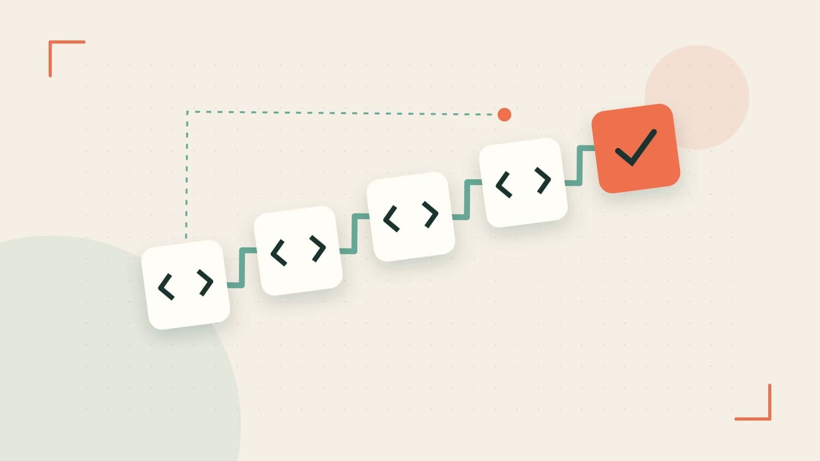 Editorial illustration of a branching build pipeline, staged transformations and a completed check