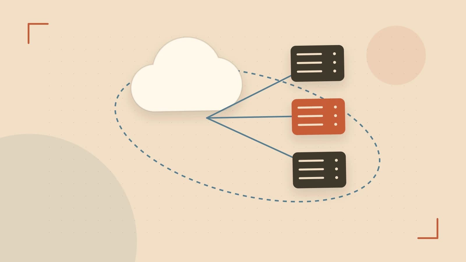 Editorial illustration of cloud infrastructure, connected server racks and an orbital service map