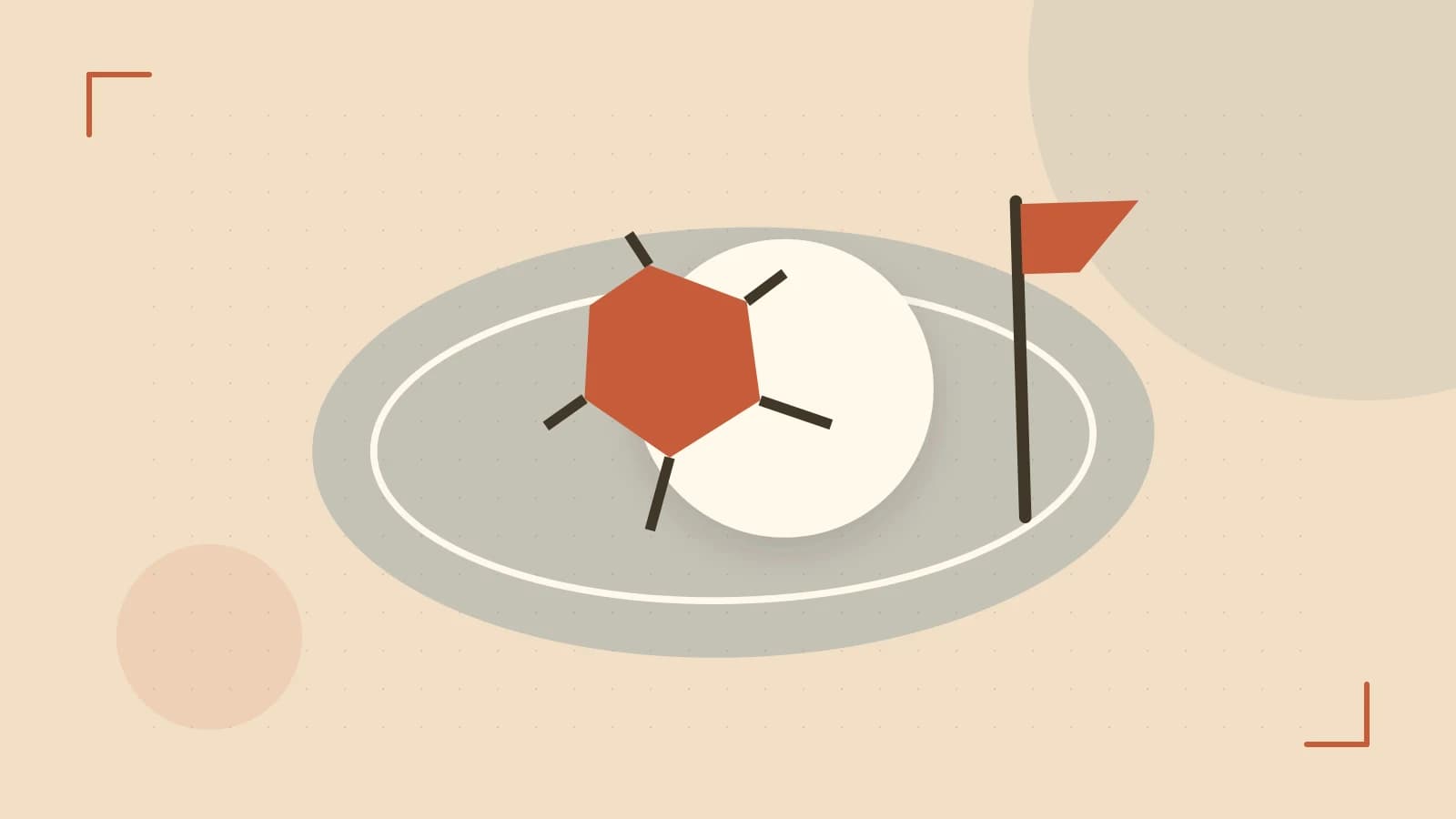 Editorial illustration of a stylized sports ball, stadium geometry and dynamic arcs