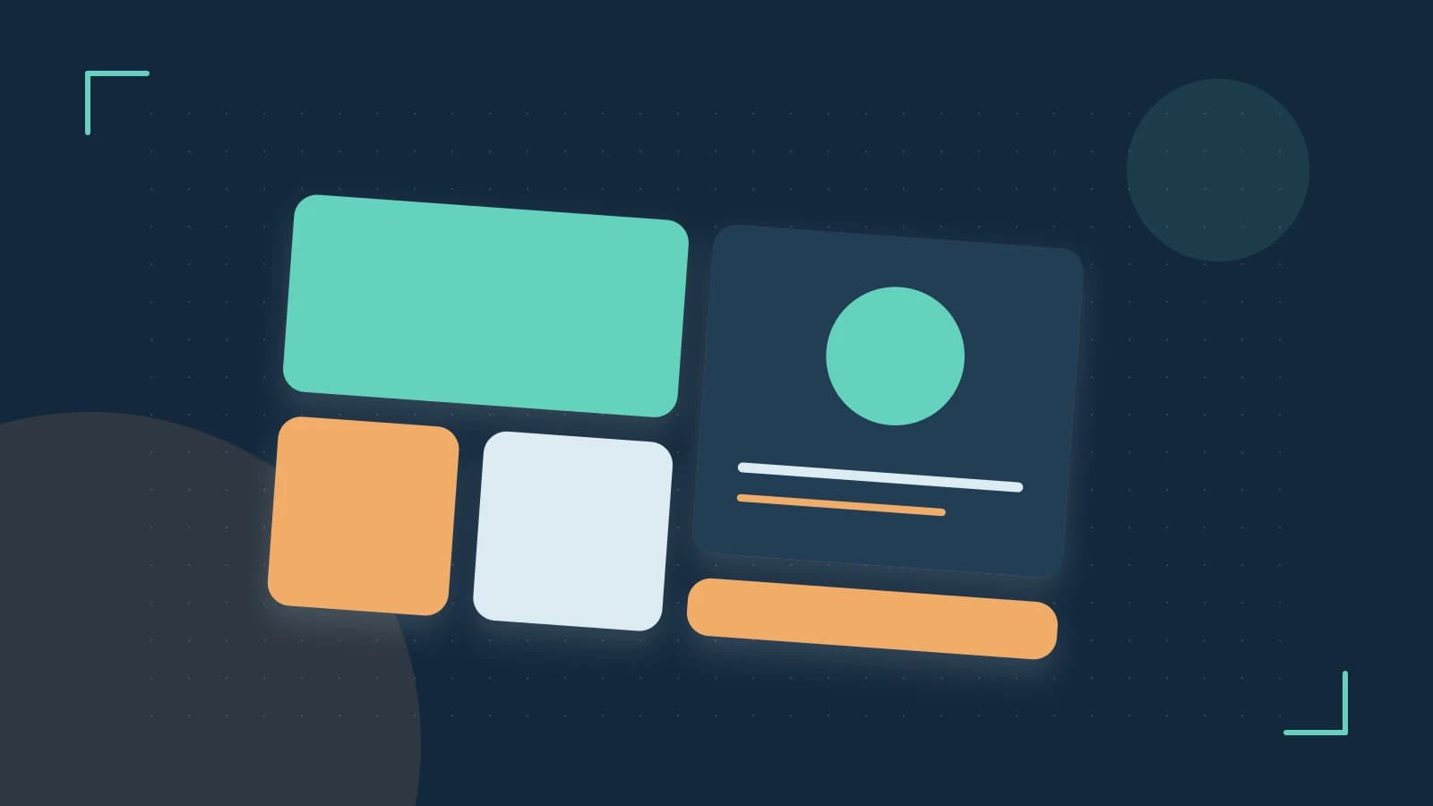 Editorial illustration of responsive browser layouts, overlapping design components and a color system
