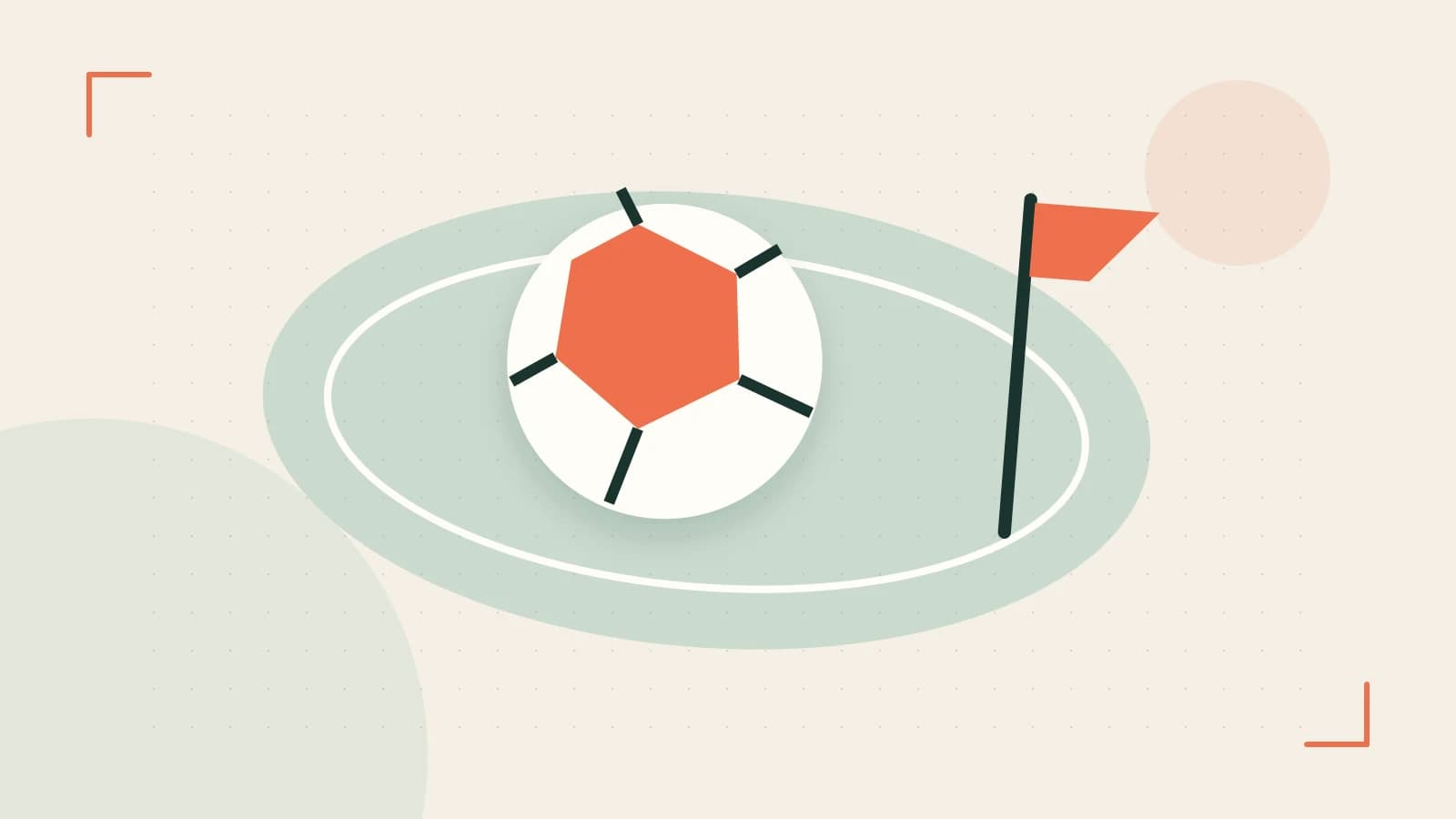 Editorial illustration of a stylized sports ball, stadium geometry and dynamic arcs