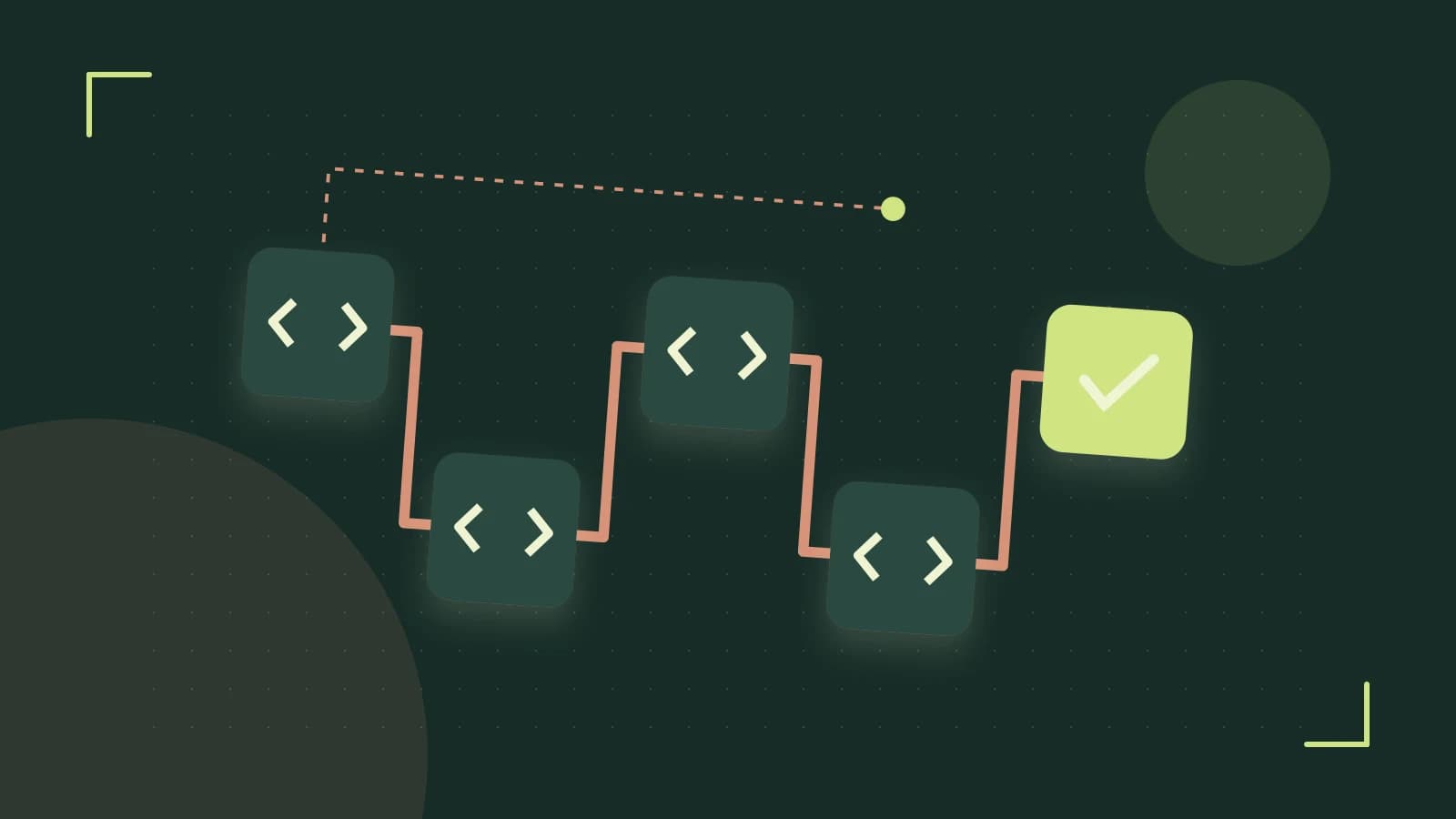 Editorial illustration of a branching build pipeline, staged transformations and a completed check