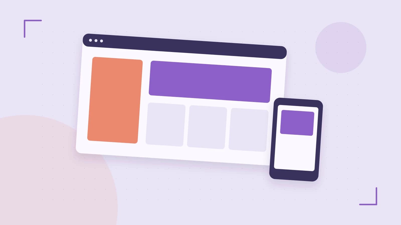 Editorial illustration of responsive browser layouts, overlapping design components and a color system