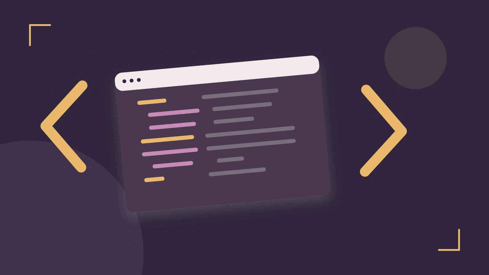 Editorial illustration of an abstract code editor, syntax blocks and oversized programming brackets
