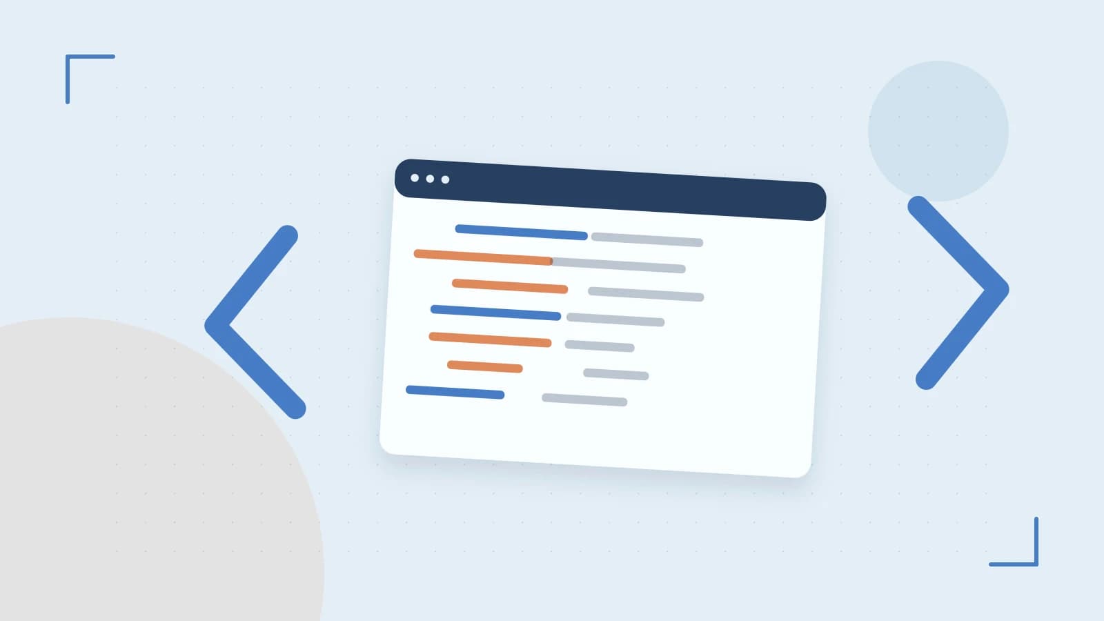 Editorial illustration of an abstract code editor, syntax blocks and oversized programming brackets