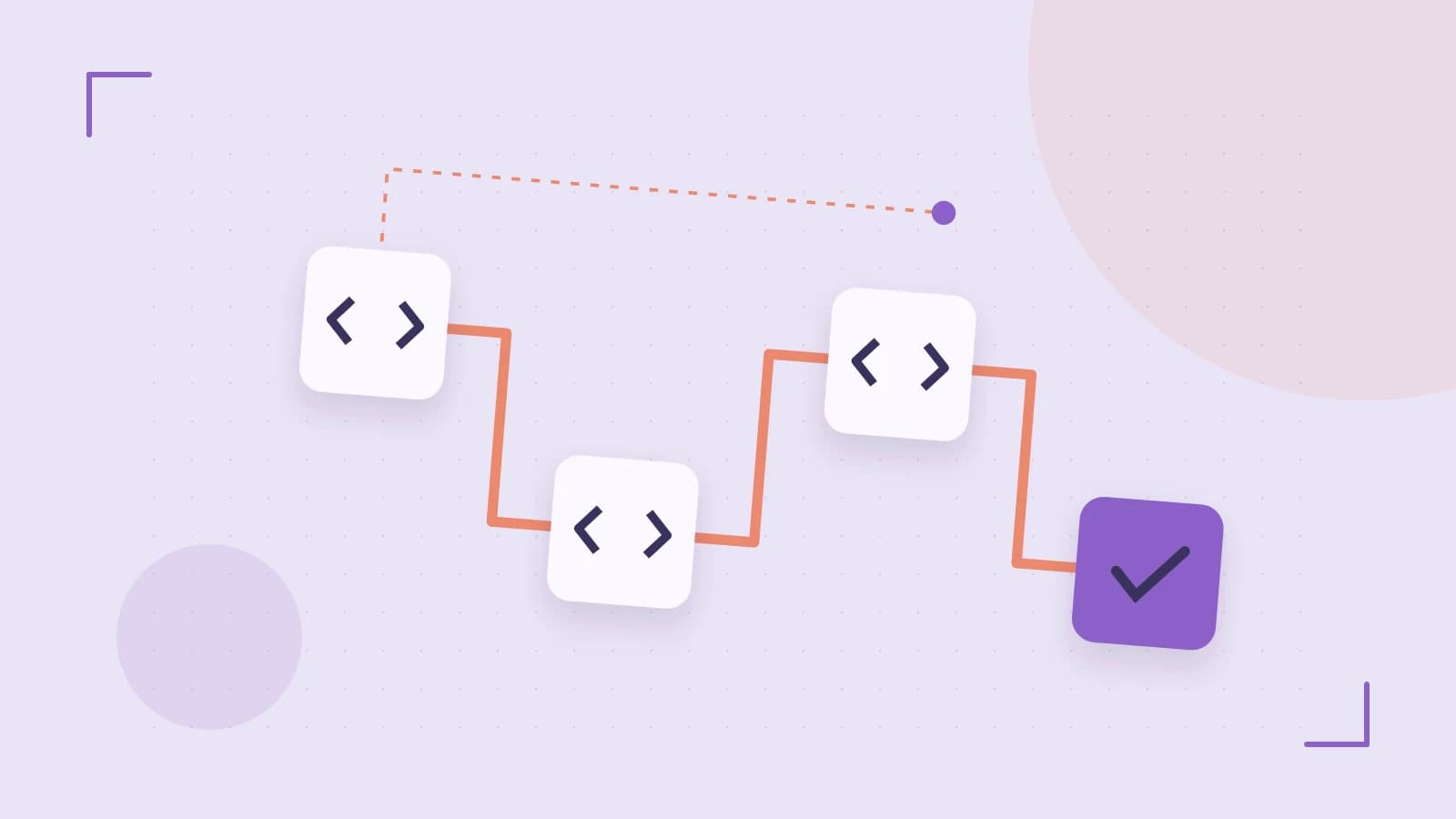 Editorial illustration of a branching build pipeline, staged transformations and a completed check