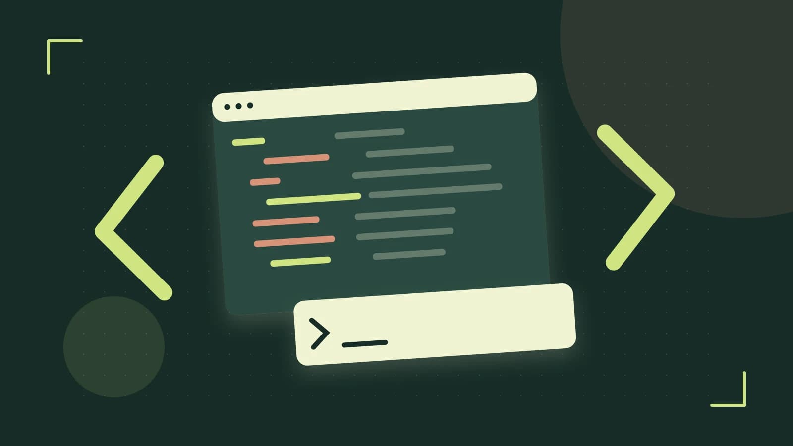 Editorial illustration of an abstract code editor, syntax blocks and oversized programming brackets