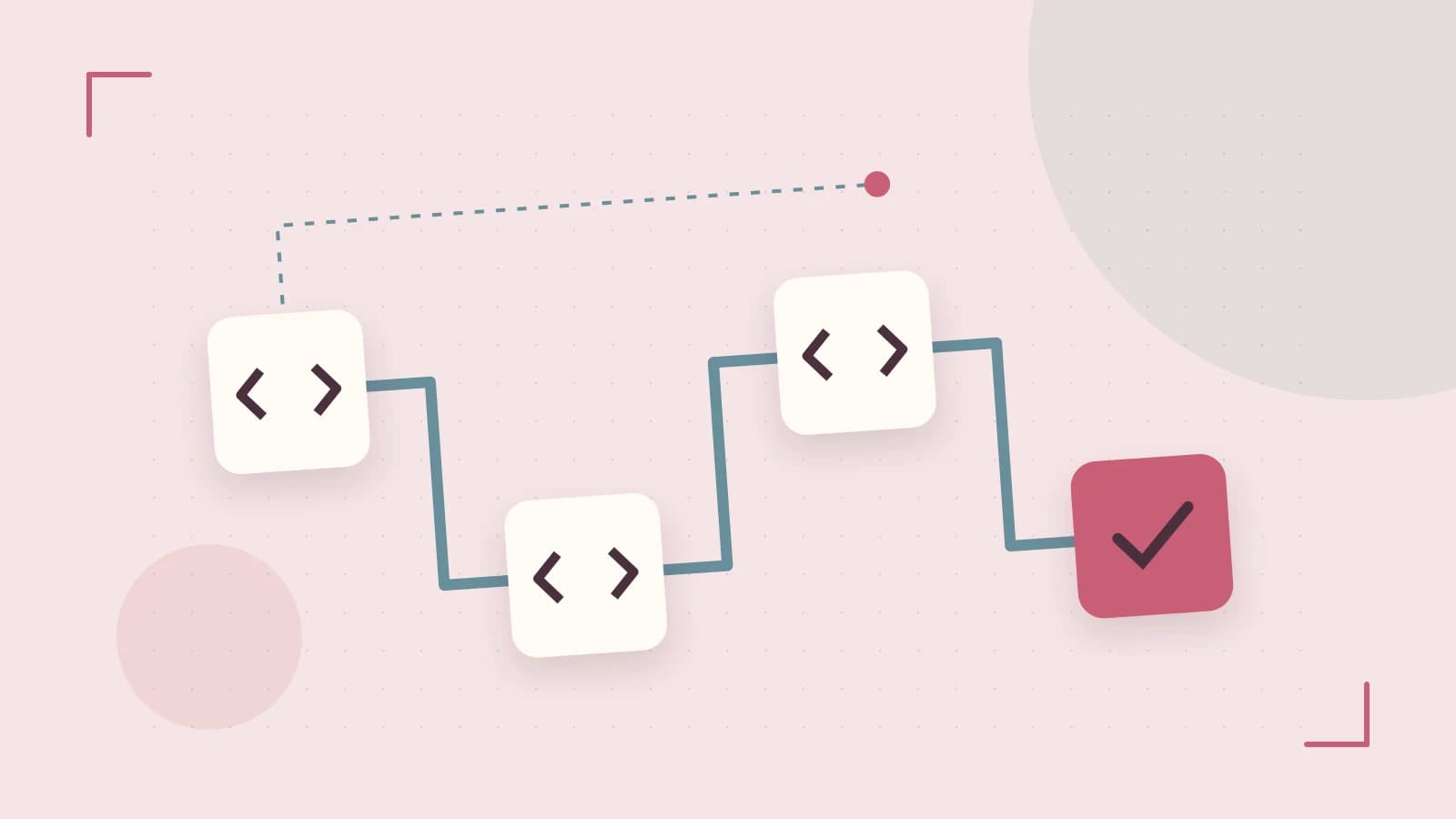 Editorial illustration of a branching build pipeline, staged transformations and a completed check