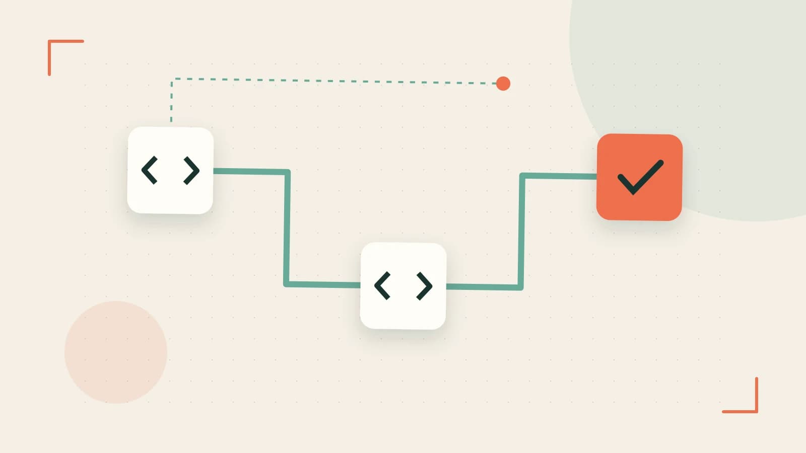 Editorial illustration of a branching build pipeline, staged transformations and a completed check