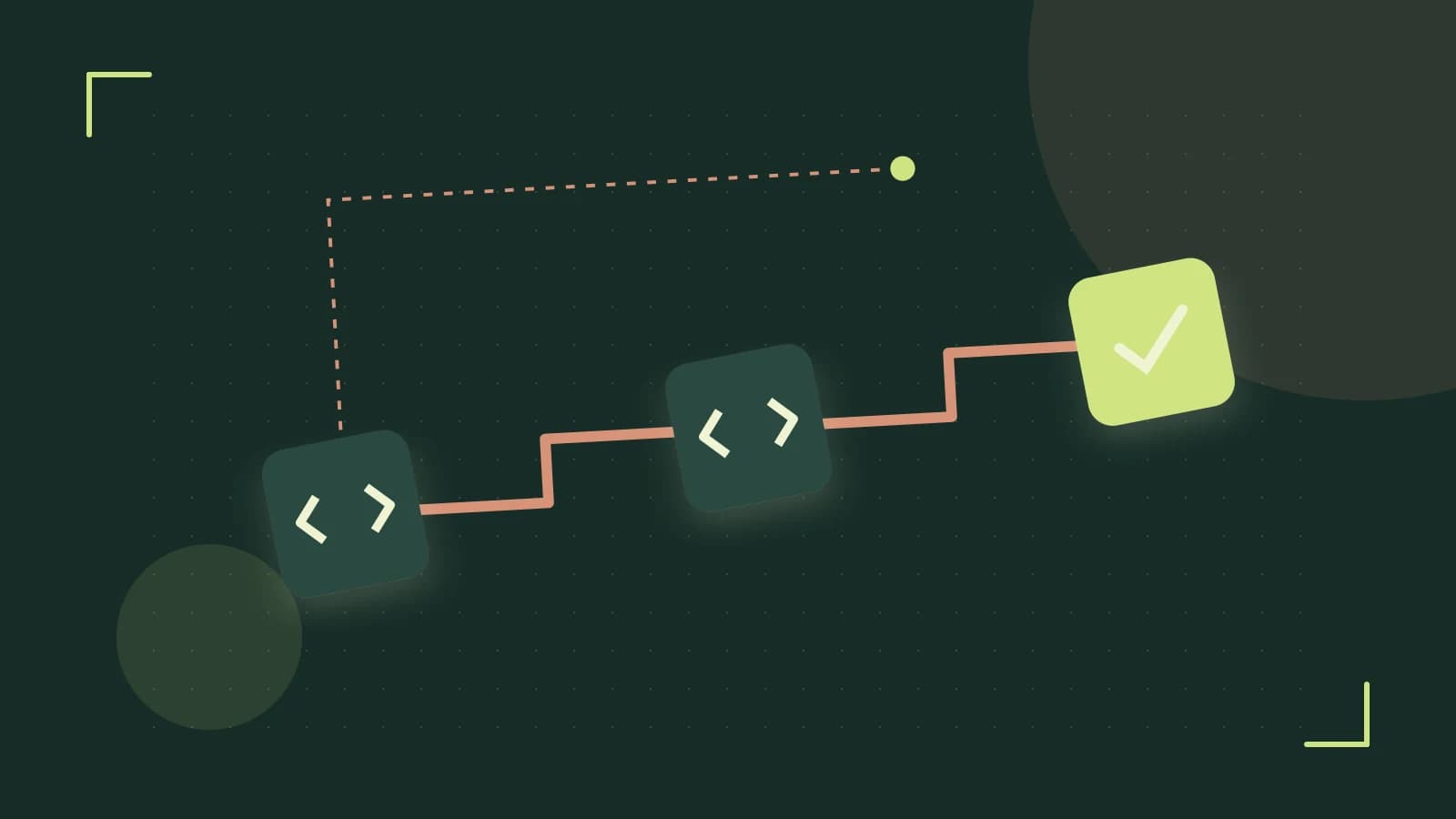 Editorial illustration of a branching build pipeline, staged transformations and a completed check