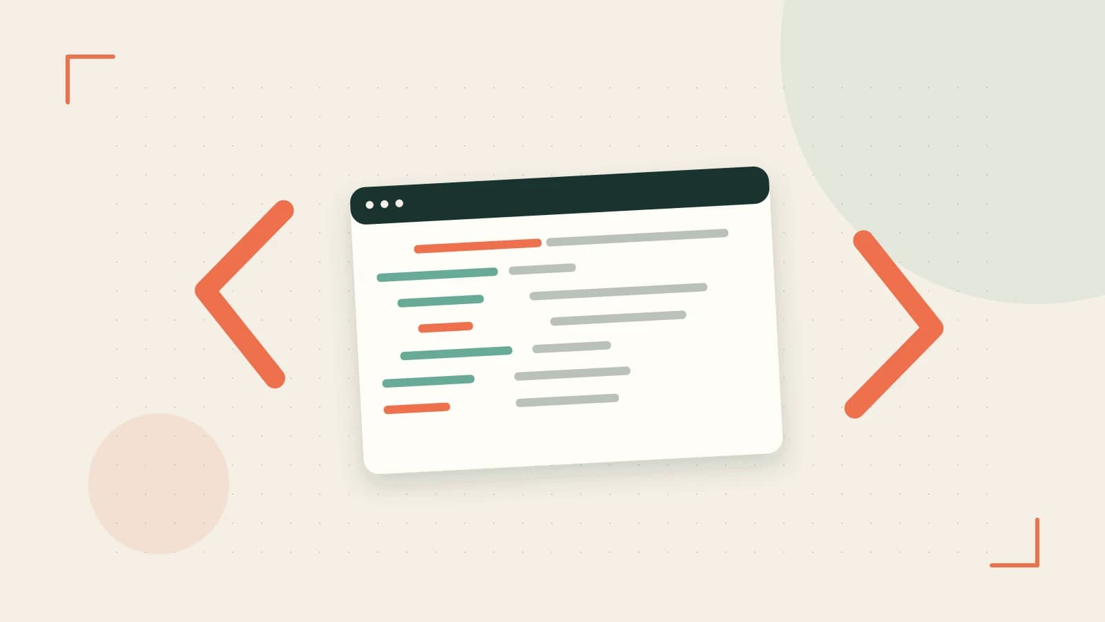 Editorial illustration of an abstract code editor, syntax blocks and oversized programming brackets