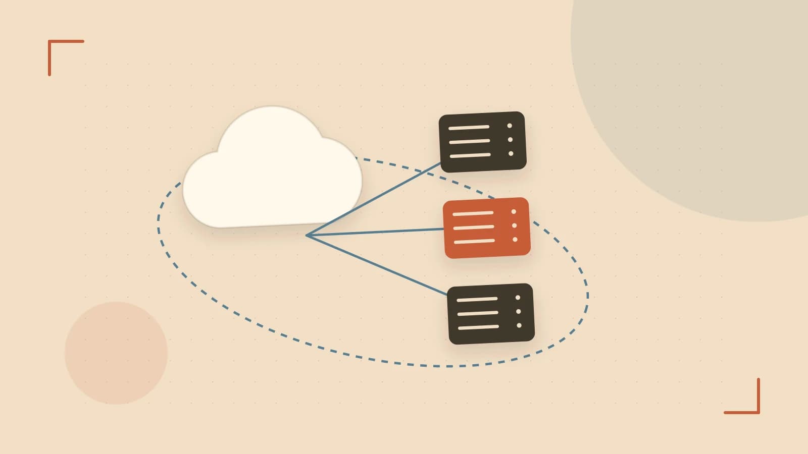 Editorial illustration of cloud infrastructure, connected server racks and an orbital service map