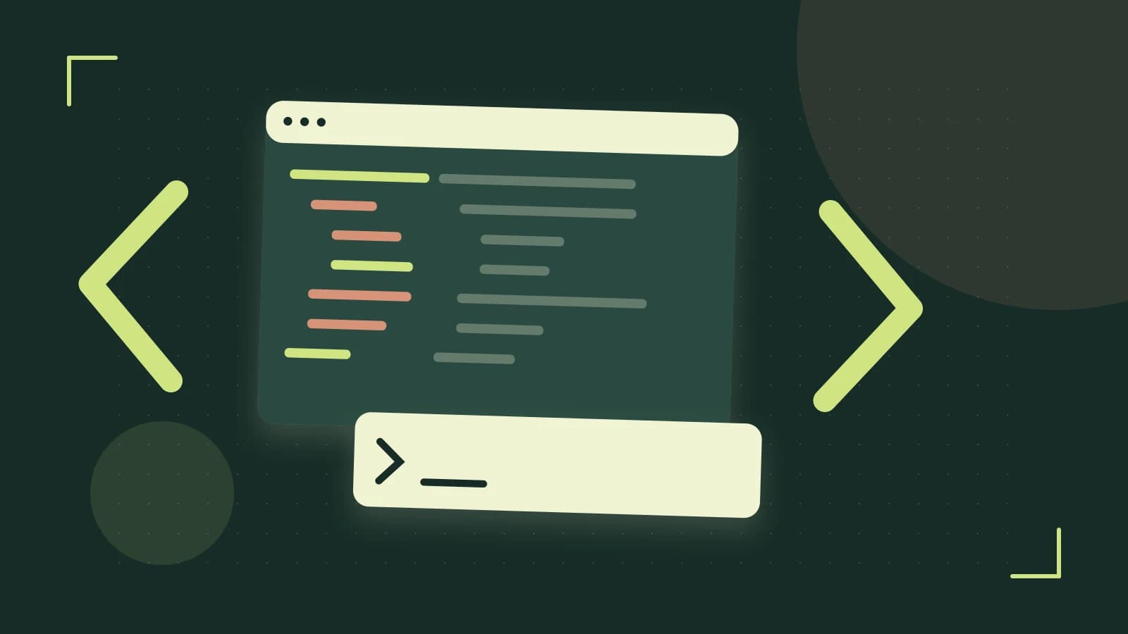 Editorial illustration of an abstract code editor, syntax blocks and oversized programming brackets