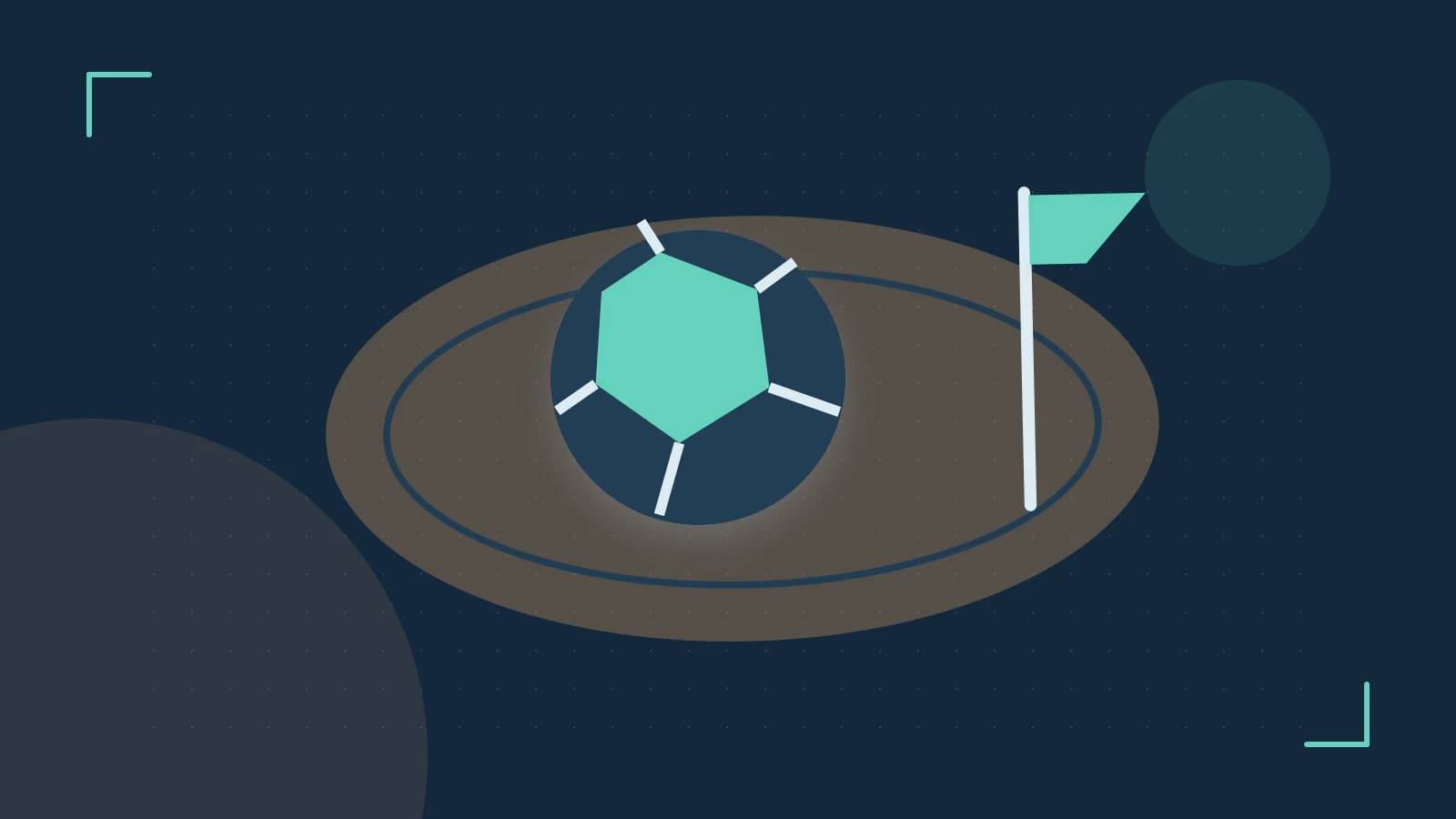Editorial illustration of a stylized sports ball, stadium geometry and dynamic arcs