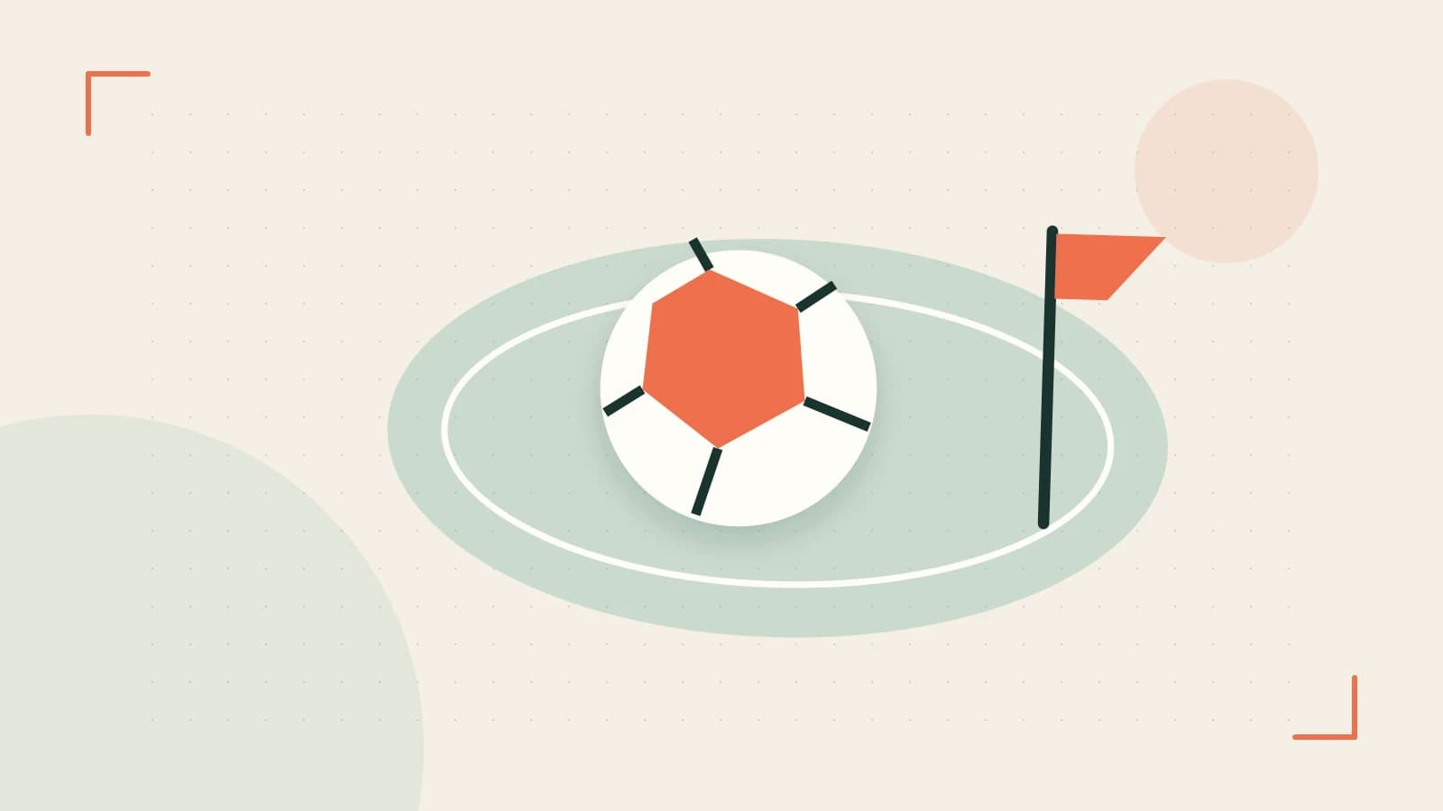 Editorial illustration of a stylized sports ball, stadium geometry and dynamic arcs