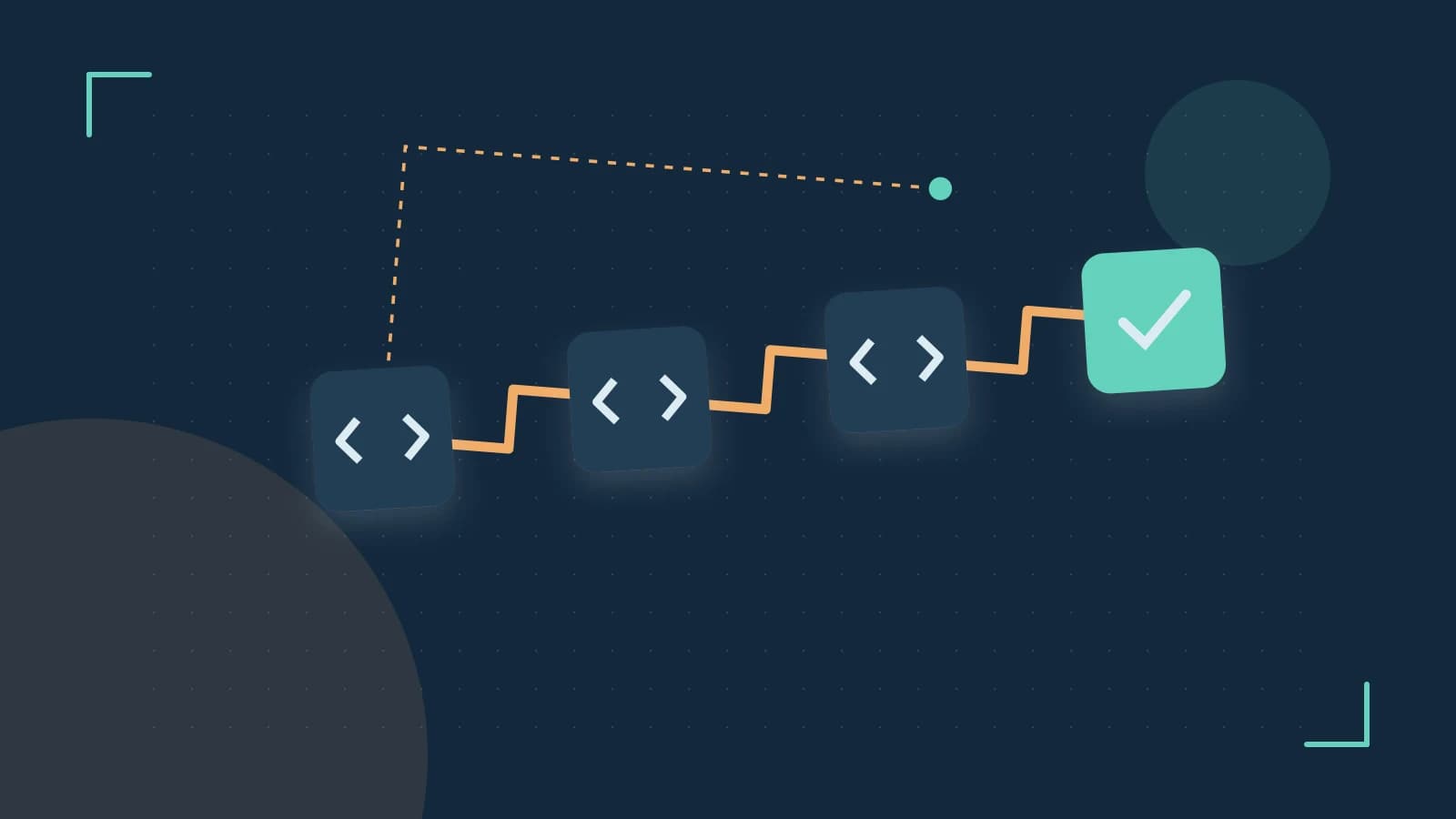 Editorial illustration of a branching build pipeline, staged transformations and a completed check