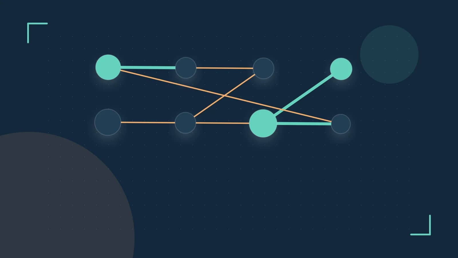 Editorial illustration of an algorithmic node graph with branching paths and a highlighted result