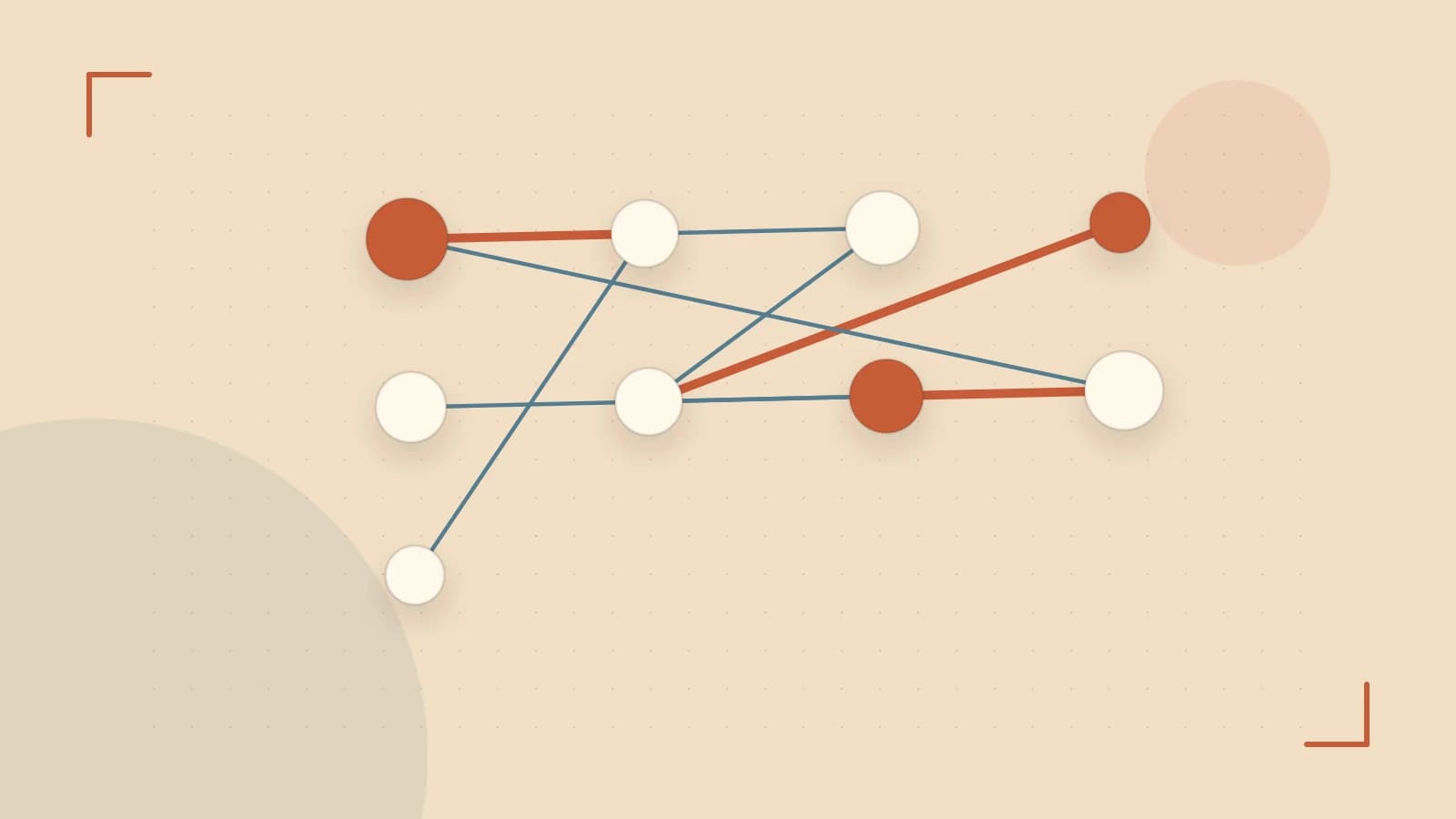 Editorial illustration of an algorithmic node graph with branching paths and a highlighted result