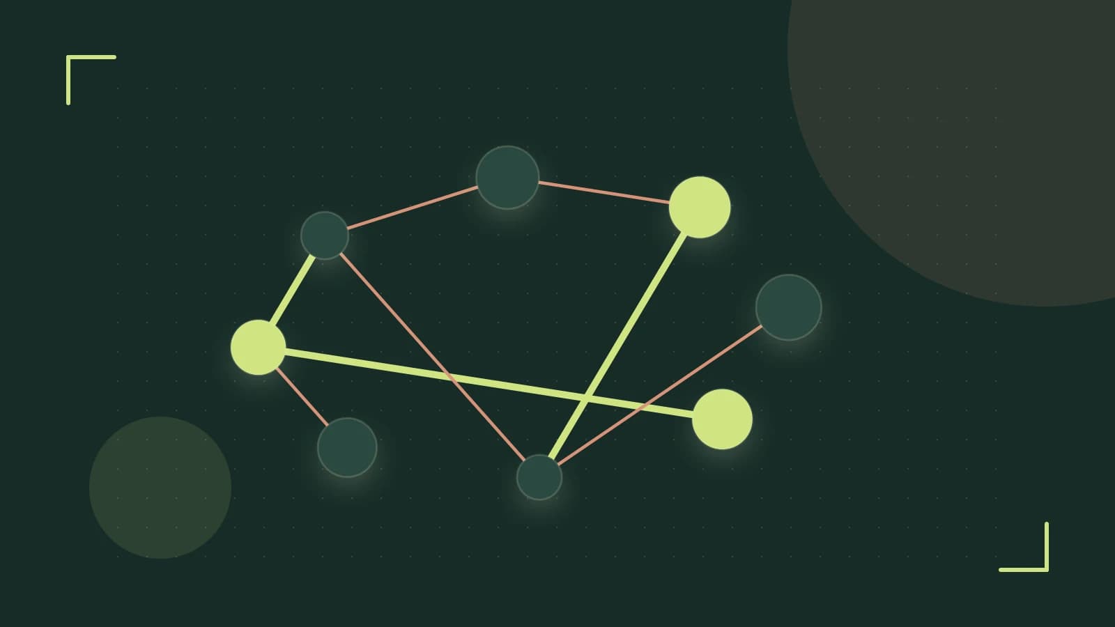 Editorial illustration of an algorithmic node graph with branching paths and a highlighted result