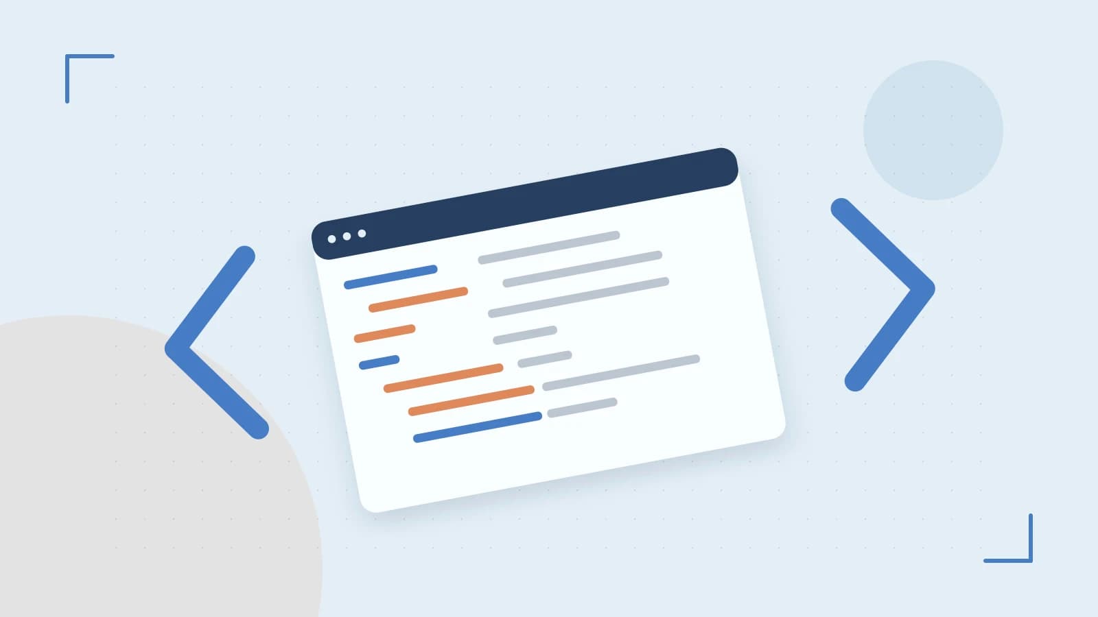 Editorial illustration of an abstract code editor, syntax blocks and oversized programming brackets