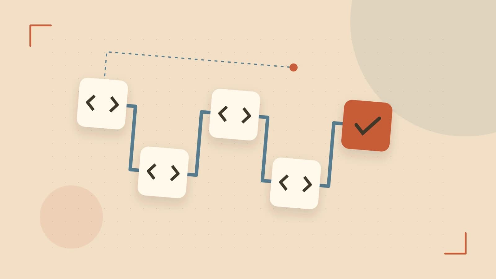 Editorial illustration of a branching build pipeline, staged transformations and a completed check