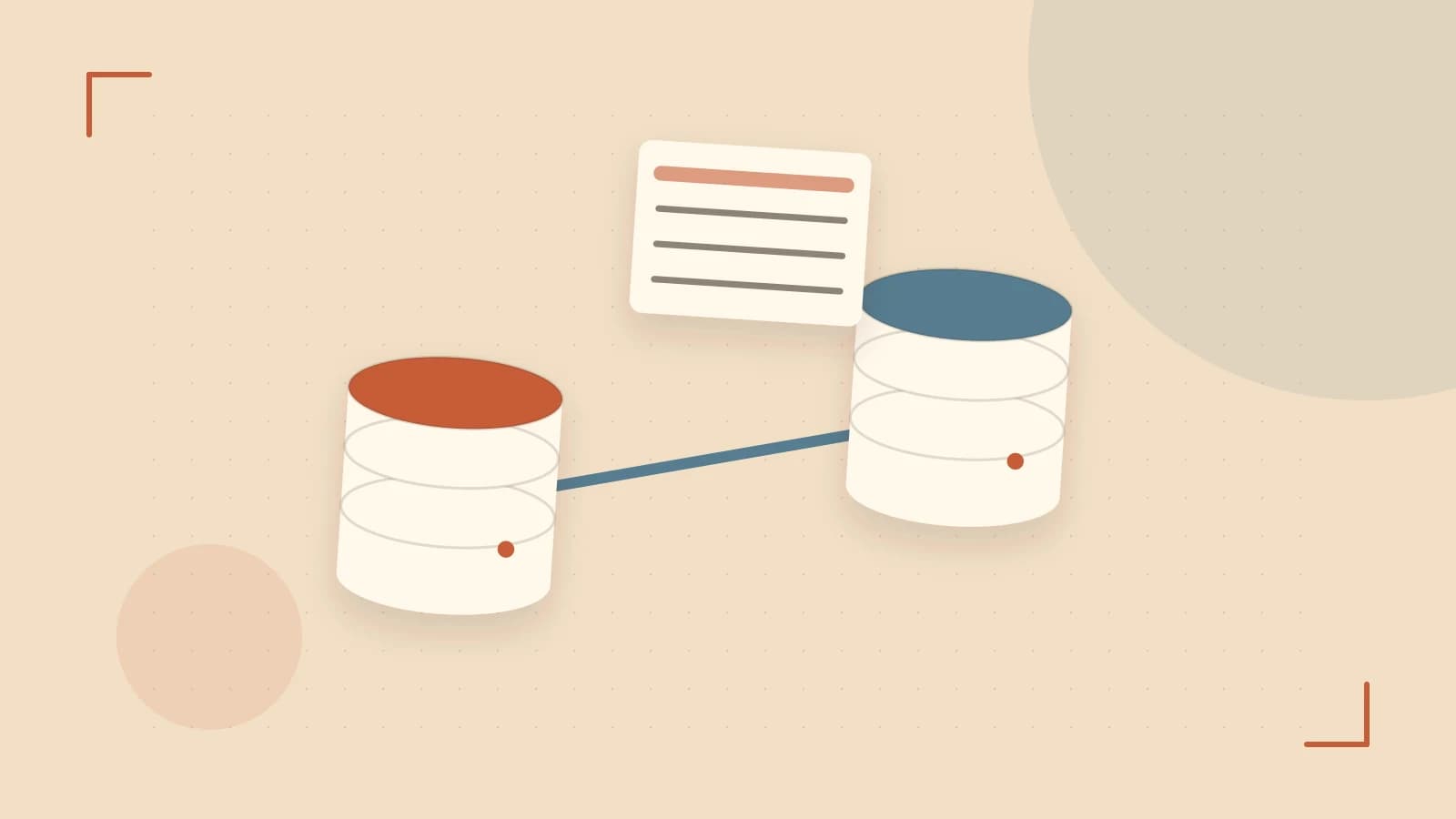 Editorial illustration of structured records, database cylinders and relationships between tables