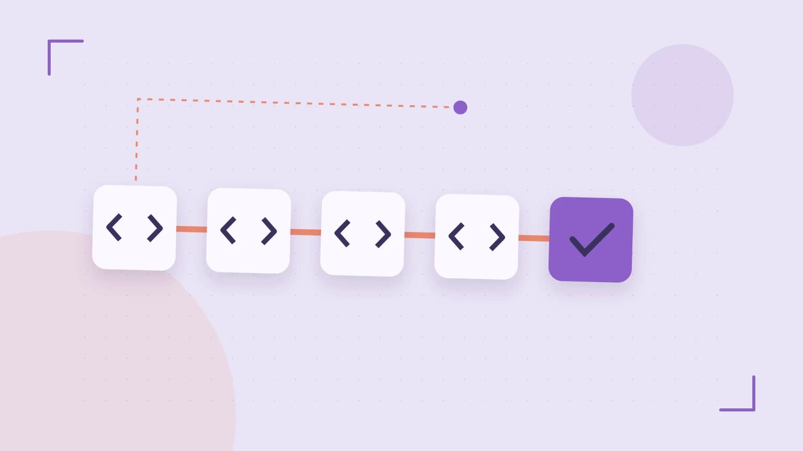 Editorial illustration of a branching build pipeline, staged transformations and a completed check