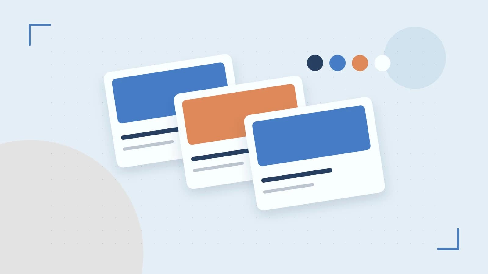 Editorial illustration of responsive browser layouts, overlapping design components and a color system