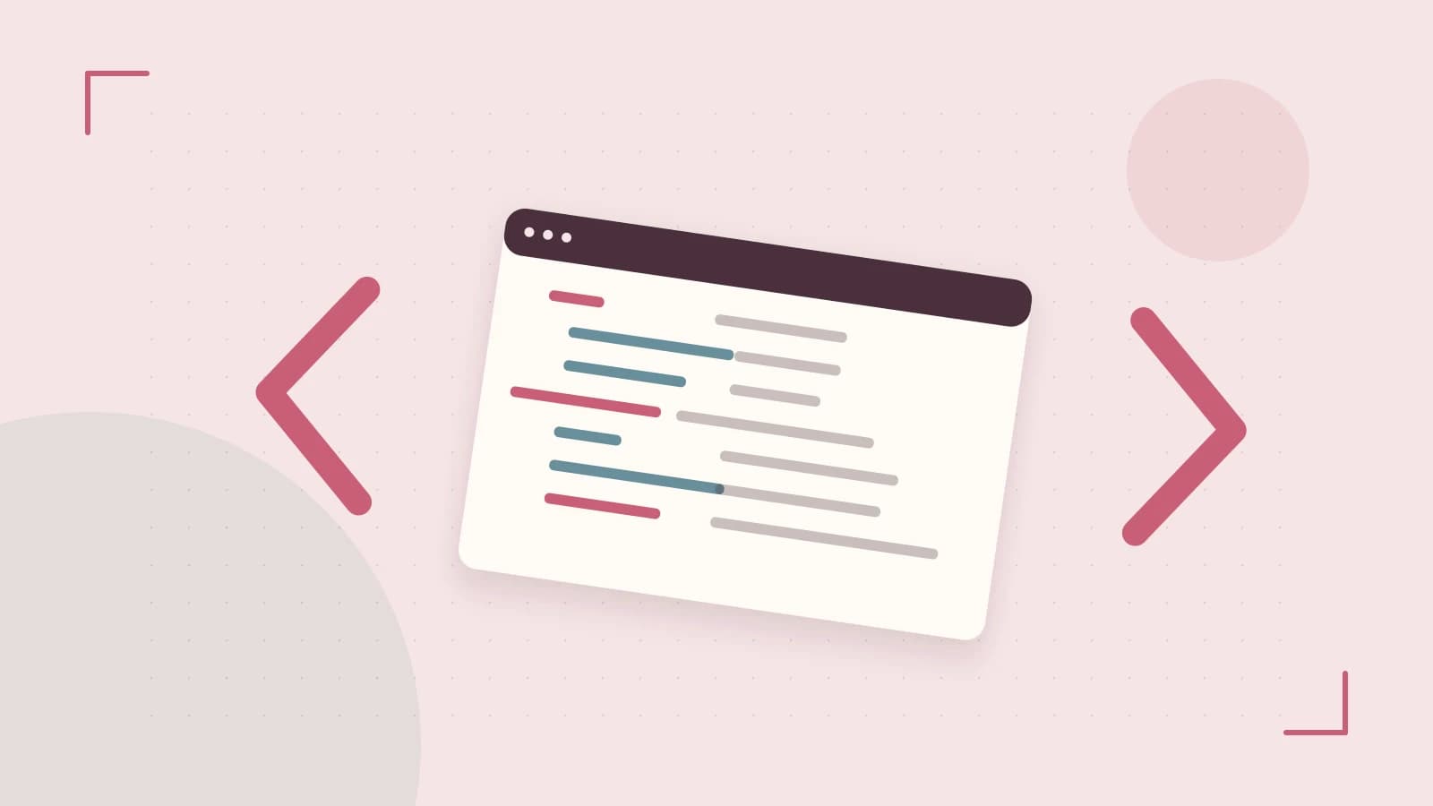 Editorial illustration of an abstract code editor, syntax blocks and oversized programming brackets