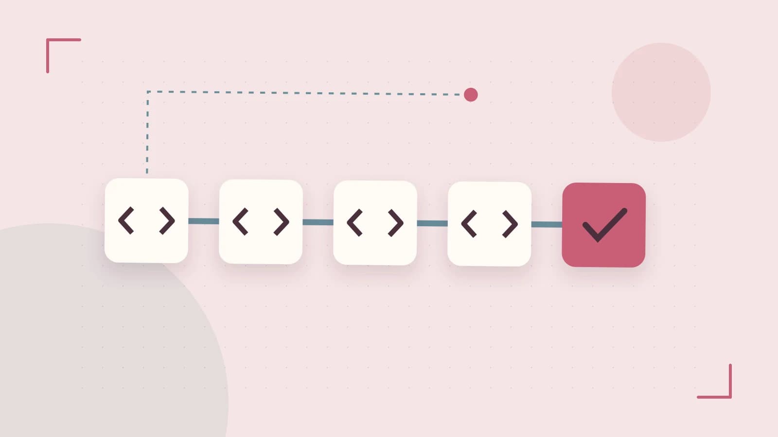 Editorial illustration of a branching build pipeline, staged transformations and a completed check