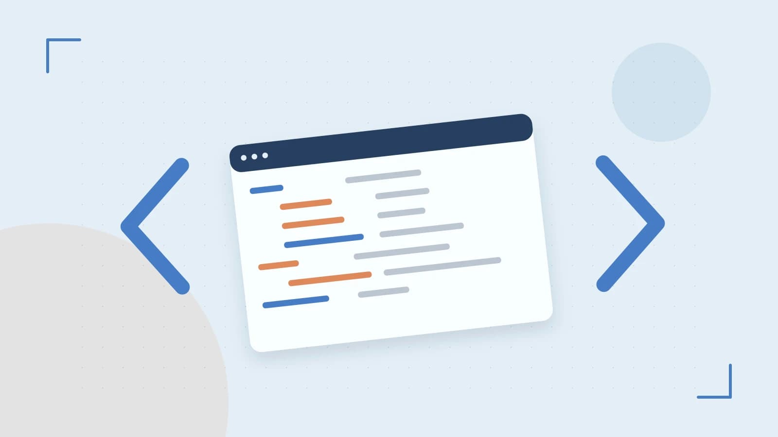 Editorial illustration of an abstract code editor, syntax blocks and oversized programming brackets