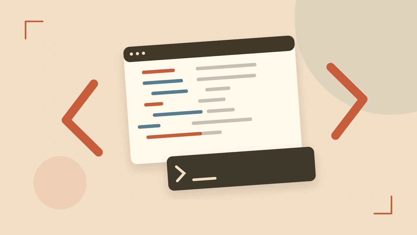 Editorial illustration of an abstract code editor, syntax blocks and oversized programming brackets