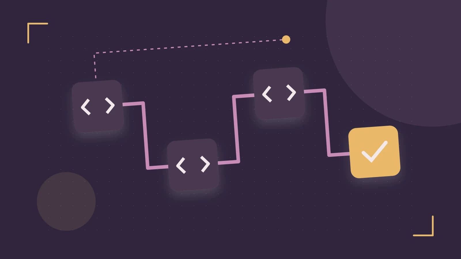 Editorial illustration of a branching build pipeline, staged transformations and a completed check