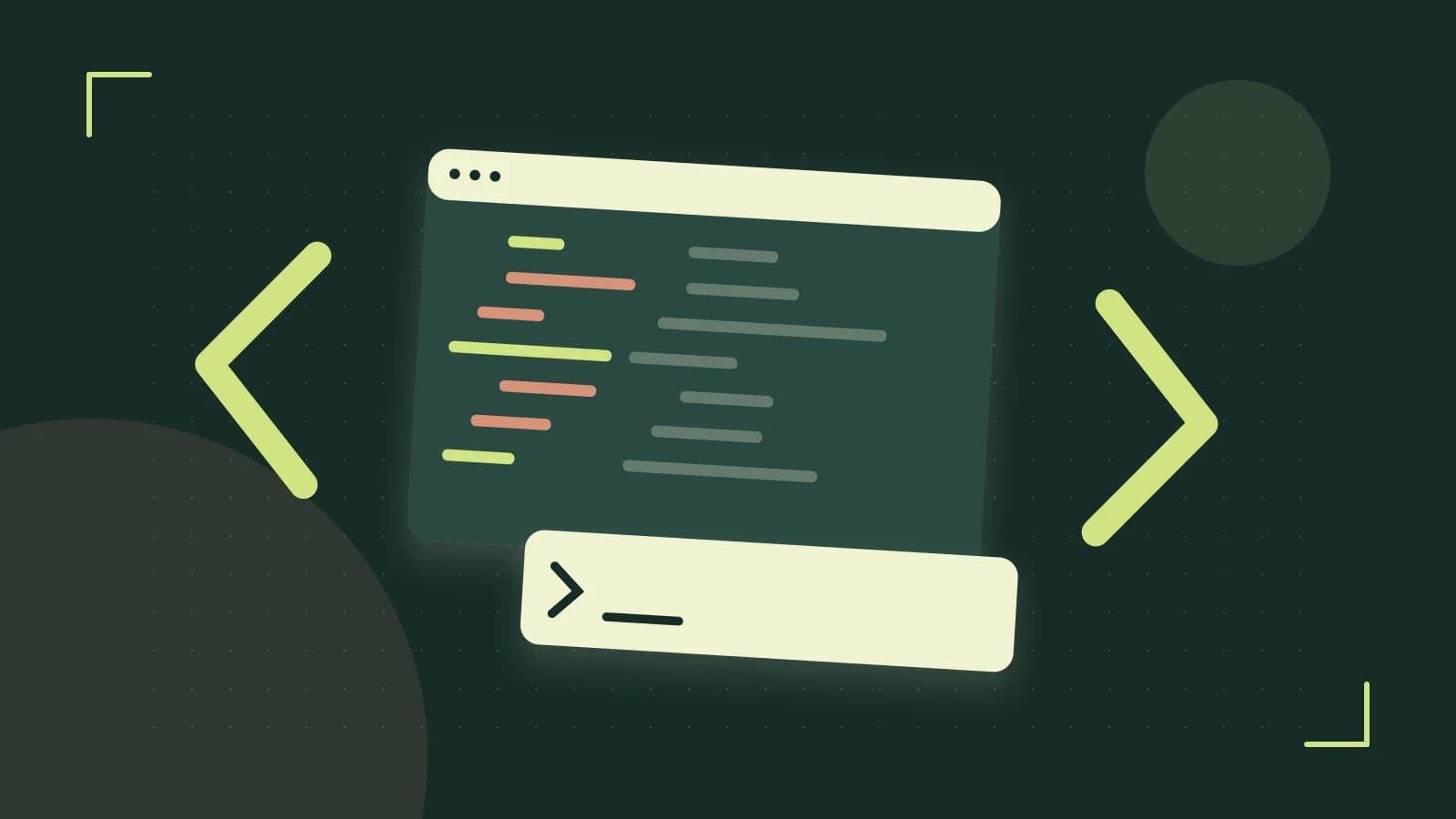 Editorial illustration of an abstract code editor, syntax blocks and oversized programming brackets