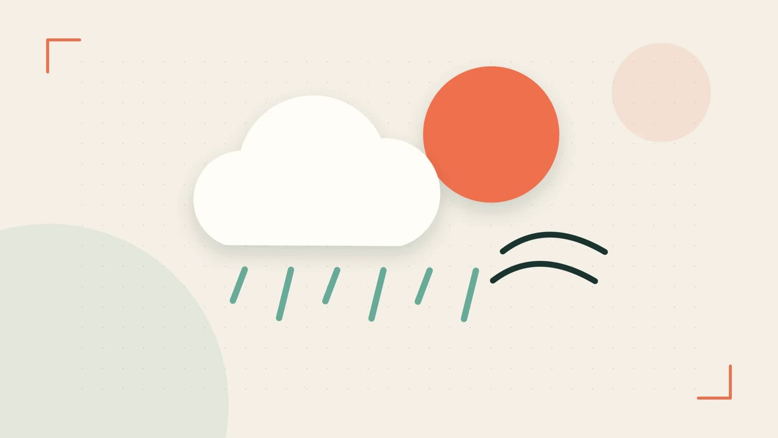 Editorial illustration of a sun, layered clouds, raindrops and flowing weather patterns